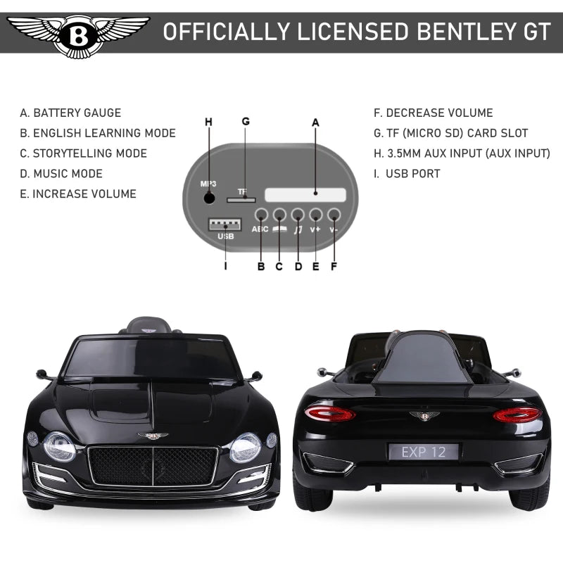 Bentley GT Licensed 12V Electric Car for Kids, Kid's Electric Ride on with Remote Control, Ride on Car with LED Lights, Music, for 3-5 Years, Black 4.8 (36)