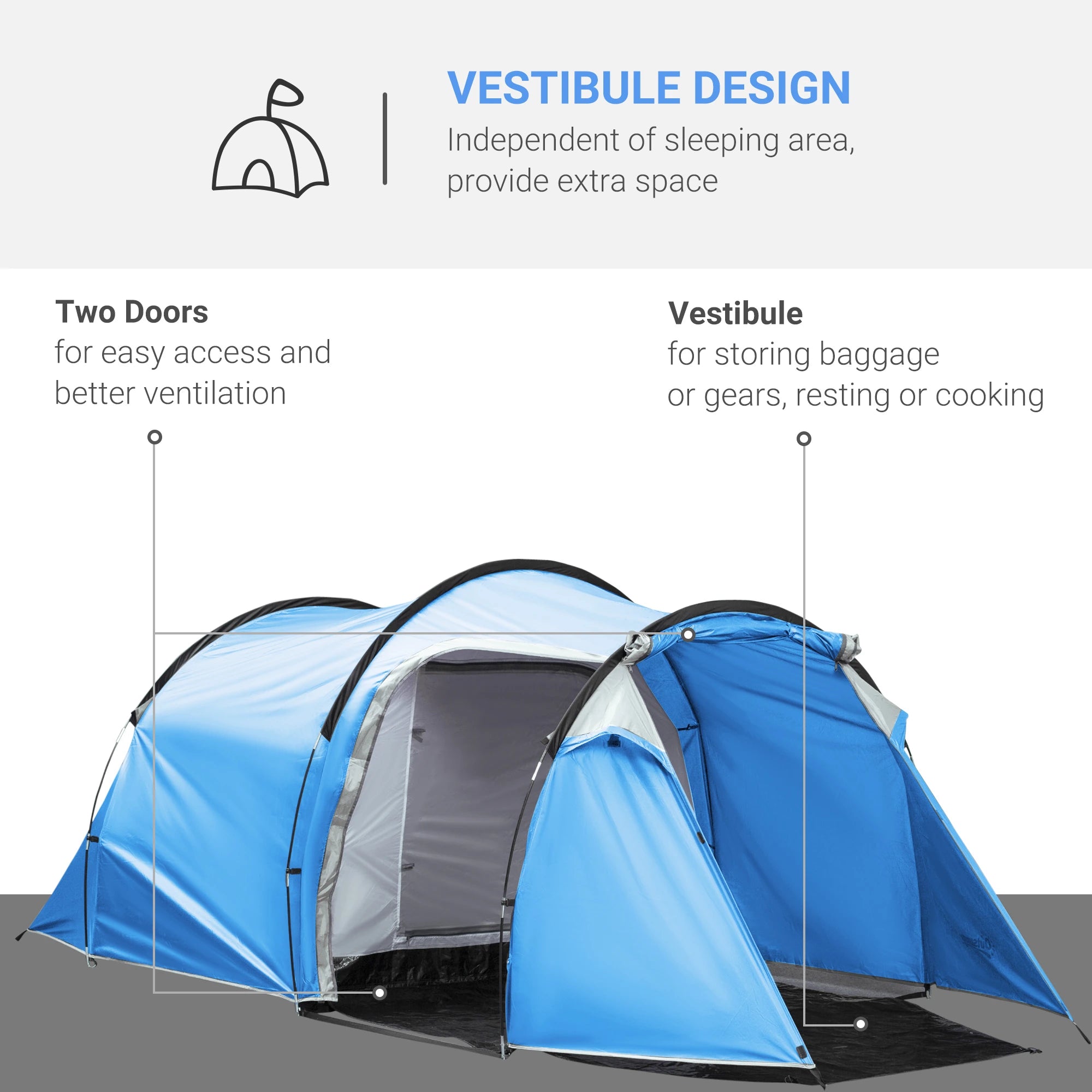 2-3 Man Tunnel Tent with Vestibule, Weather-Resistant Camping Tent with Air Vents for Fishing Hiking, Light Blue & Grey