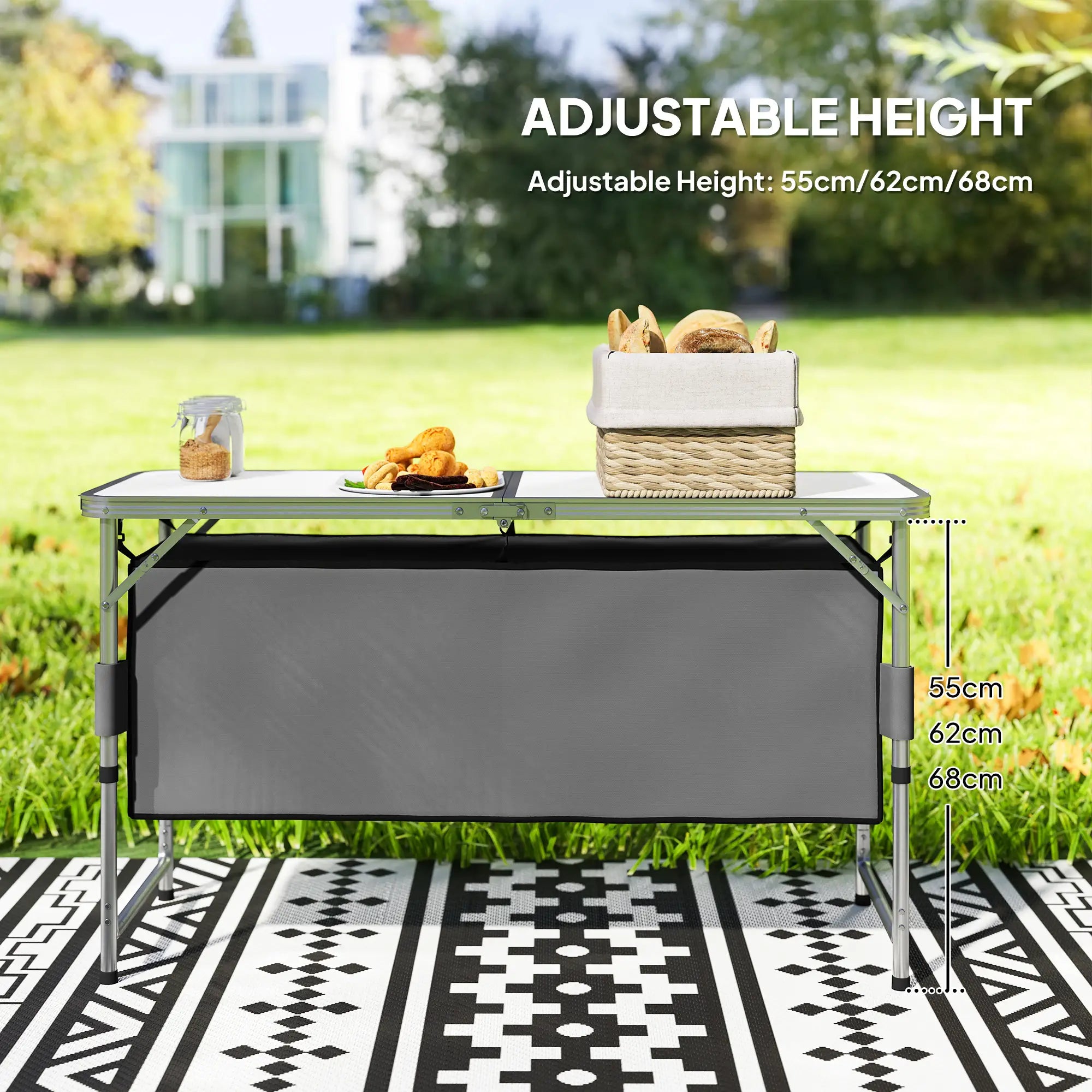 4ft Folding Camping Cupboard Kitchen, Height Adjustable Aluminium Camping Table with Storage, Lightweight Picnic Table for Outdoor Garden BBQ Party