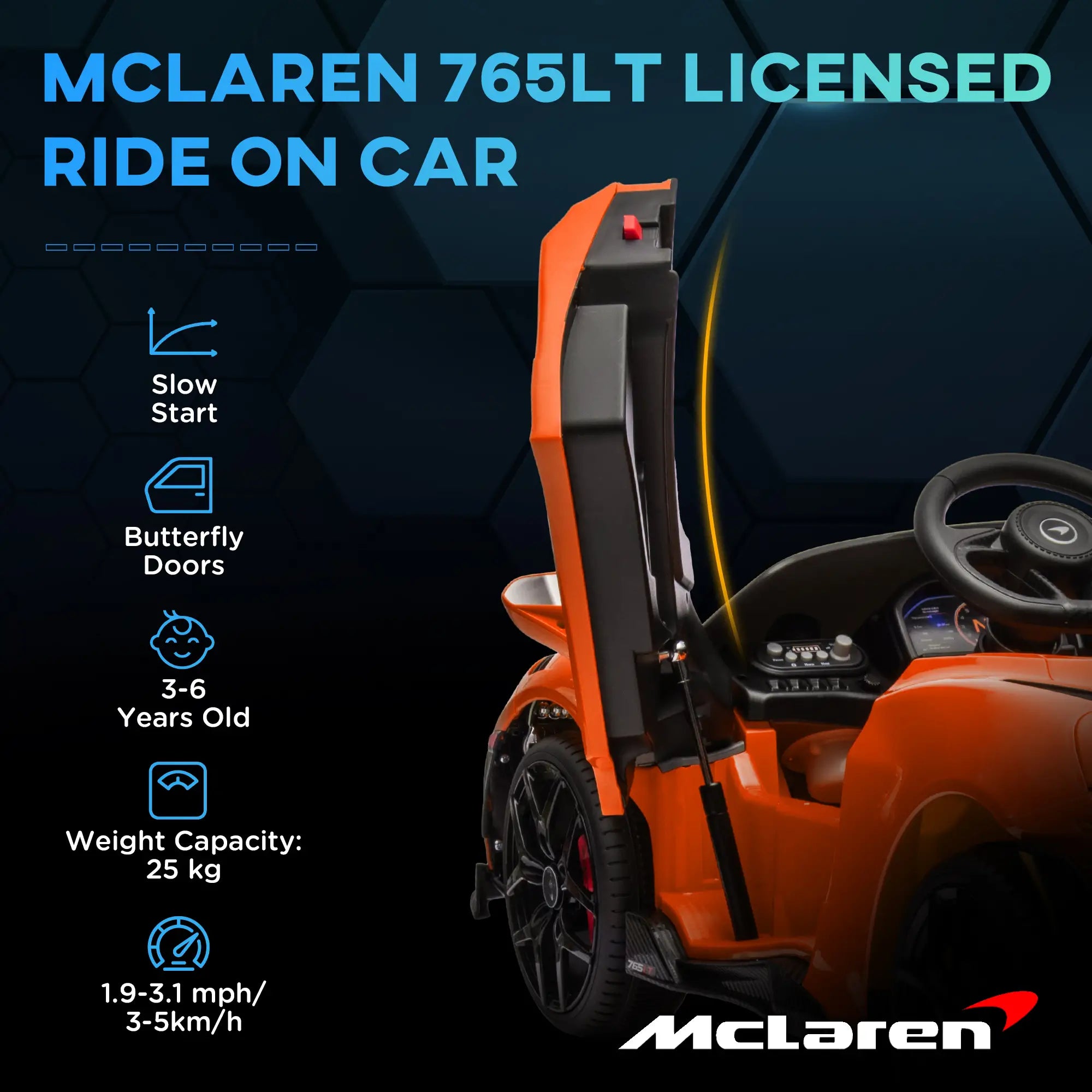 McLaren 765LT Licensed 12V Kids Electric Ride on Car with Butterfly Doors, Remote Control, Transport Wheels, Orange