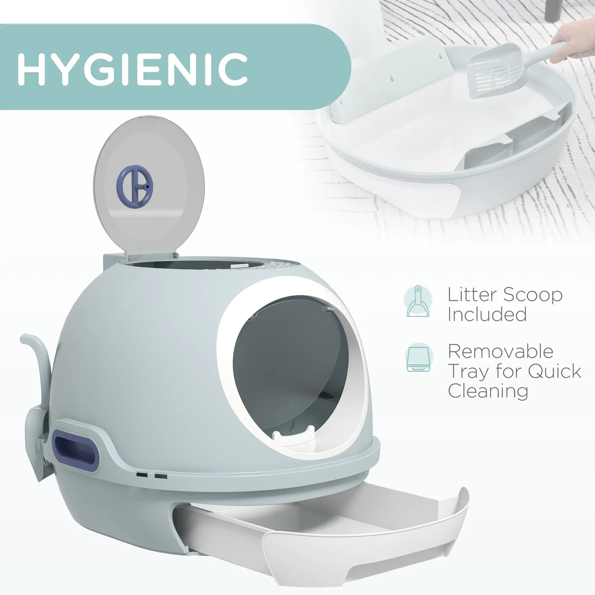 Cat Litter Box Toilet with Litter Scoop Enclosed Drawer, Front Entry Top Exit, Easy To Clean Blue
