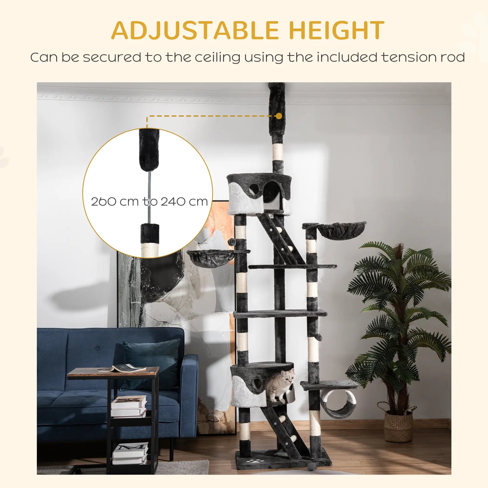 Floor-to-Ceiling Cat Tree for Indoor Cats, 240-260cm Adjustable Cat Tree - White Bargain Clearance Centre