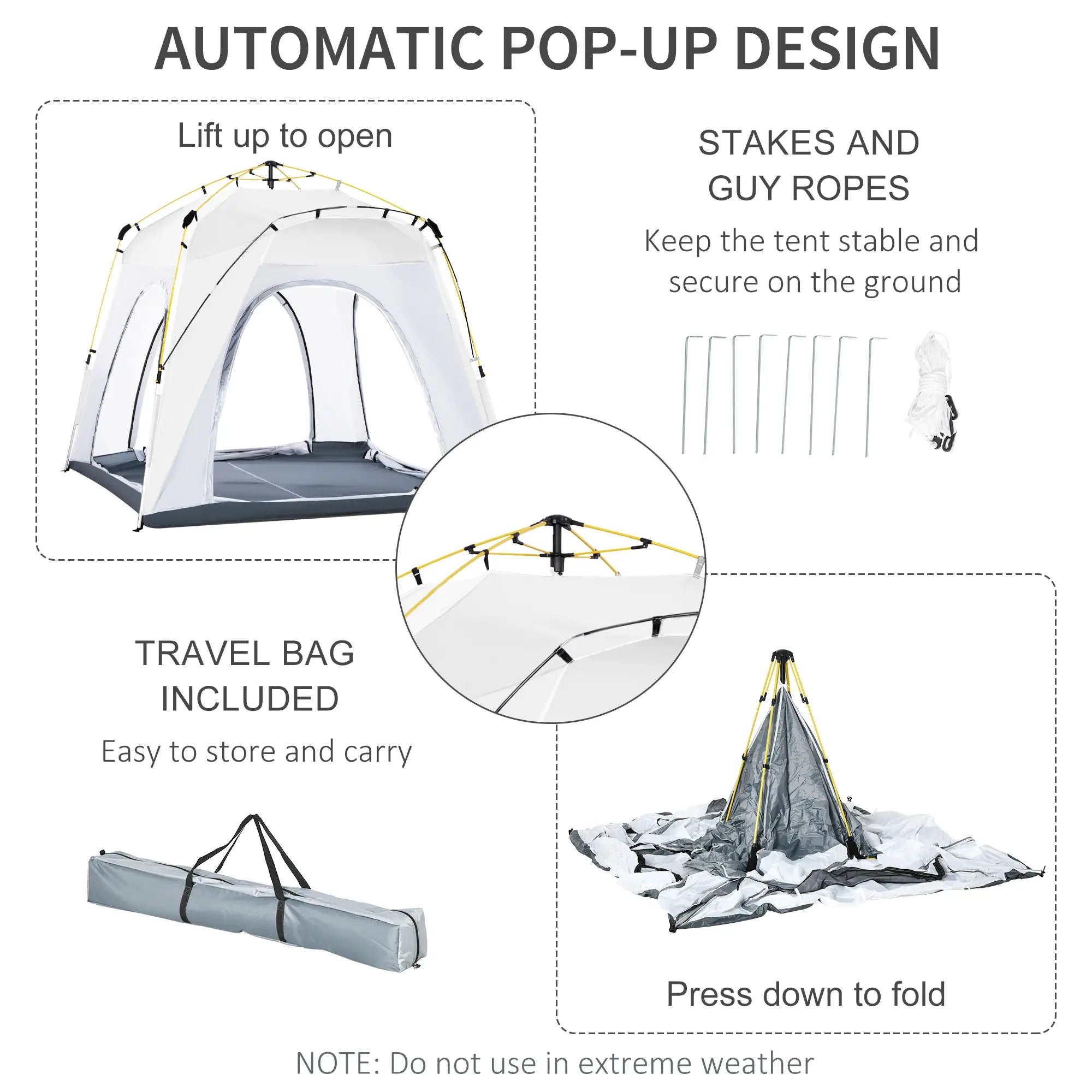 4 Person Automatic Camping Tent, Outdoor Pop Up Tent, Portable Backpacking Dome Shelter, Light Grey
