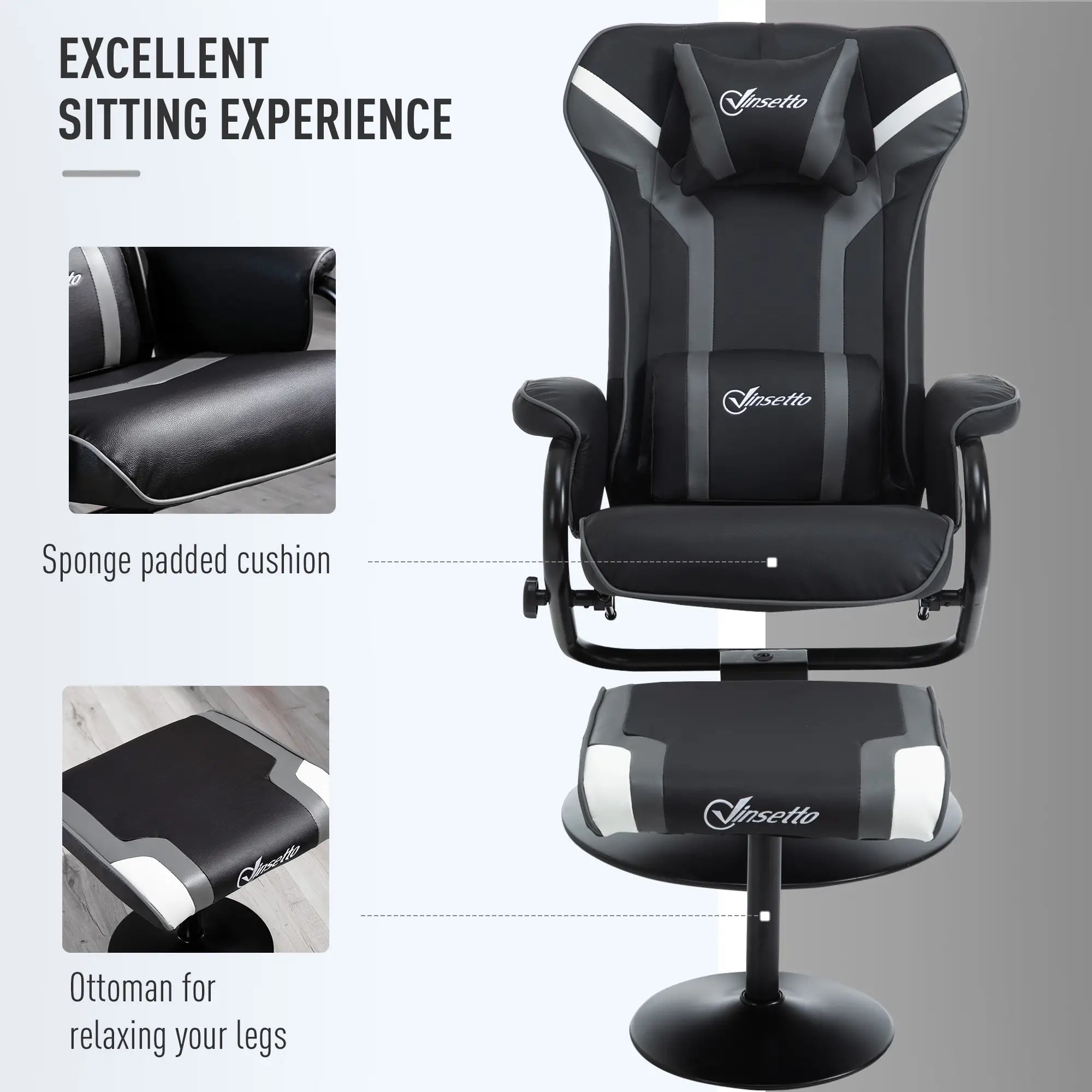 Reclining Chair and Stool Set, Recliner Chair with Headrest, Gaming Chair with Lumbar Support, Pedestal Base for Home Office, Grey Bargain Clearance Centre