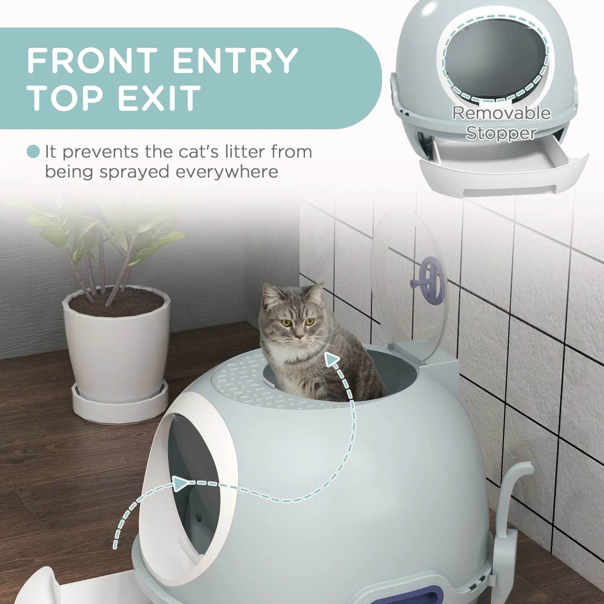 Cat Litter Box Toilet with Litter Scoop Enclosed Drawer, Front Entry Top Exit, Easy To Clean Blue