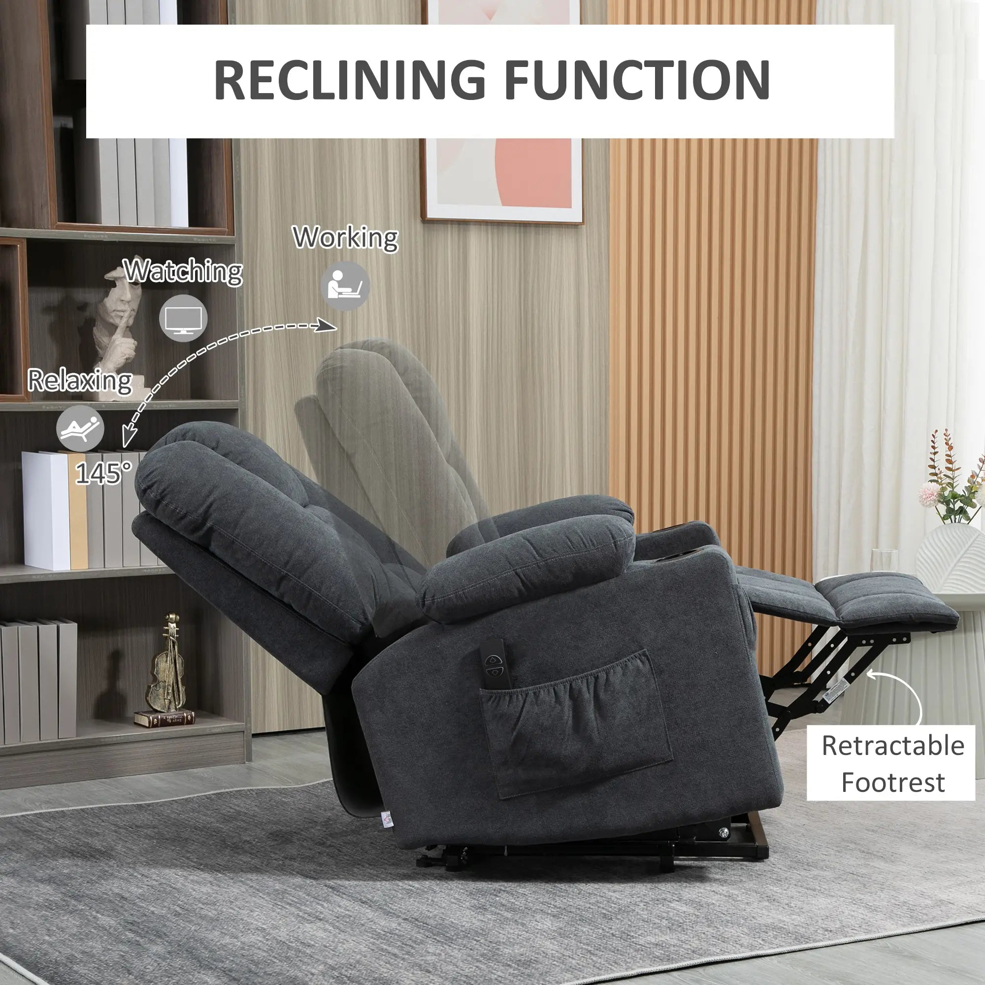 Oversized Riser and Recliner Chairs for the Elderly, Fabric Upholstered Lift Chair for Living Room with Remote Control, Side Pockets, Cup Holder, Charcoal Grey