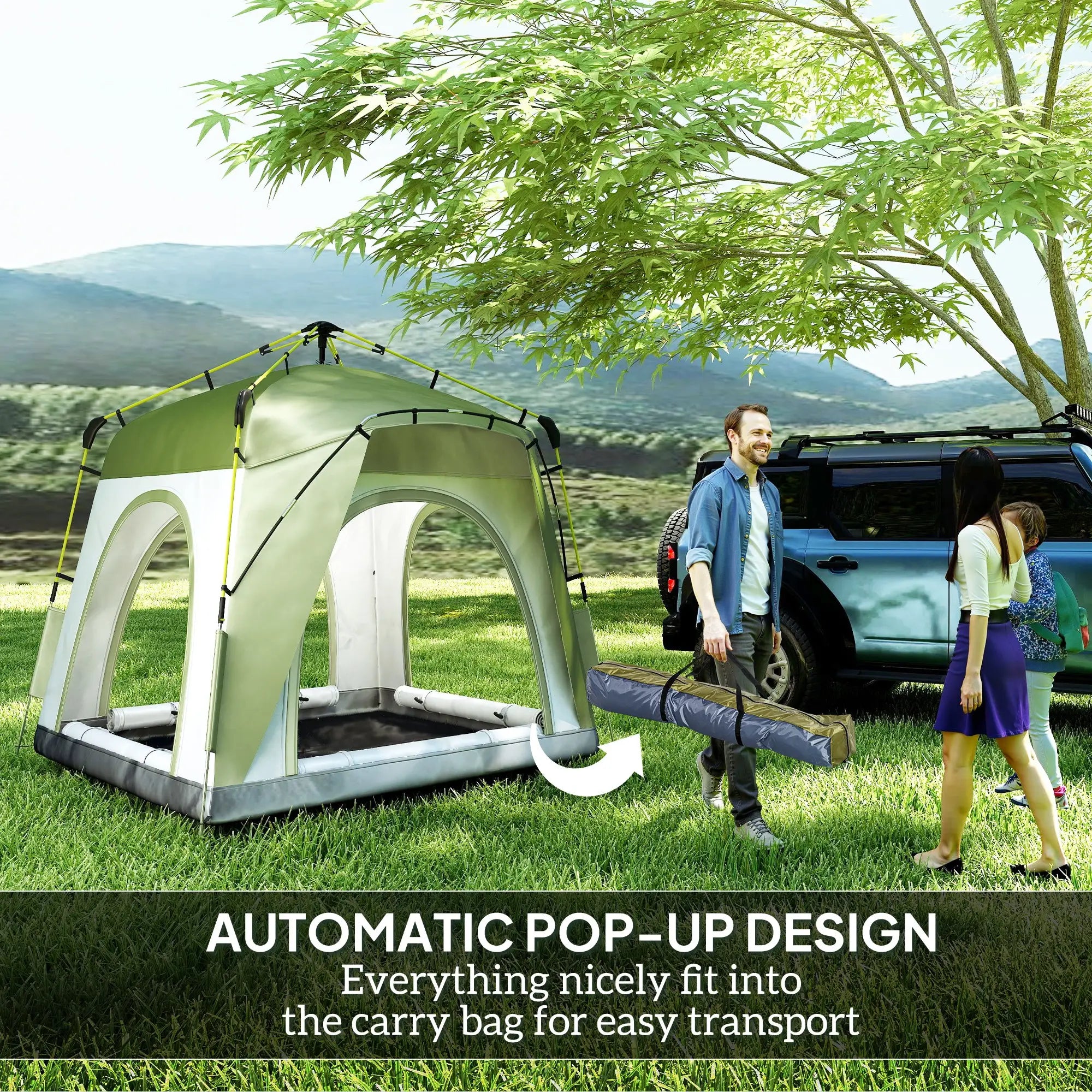 Instant Pop Up Camping Tent, 4 Man Dome Tent with 4 Doors, Sewn-in Groundsheet, Carry Bag and Top Hook for Fishing Hiking Festival, Green