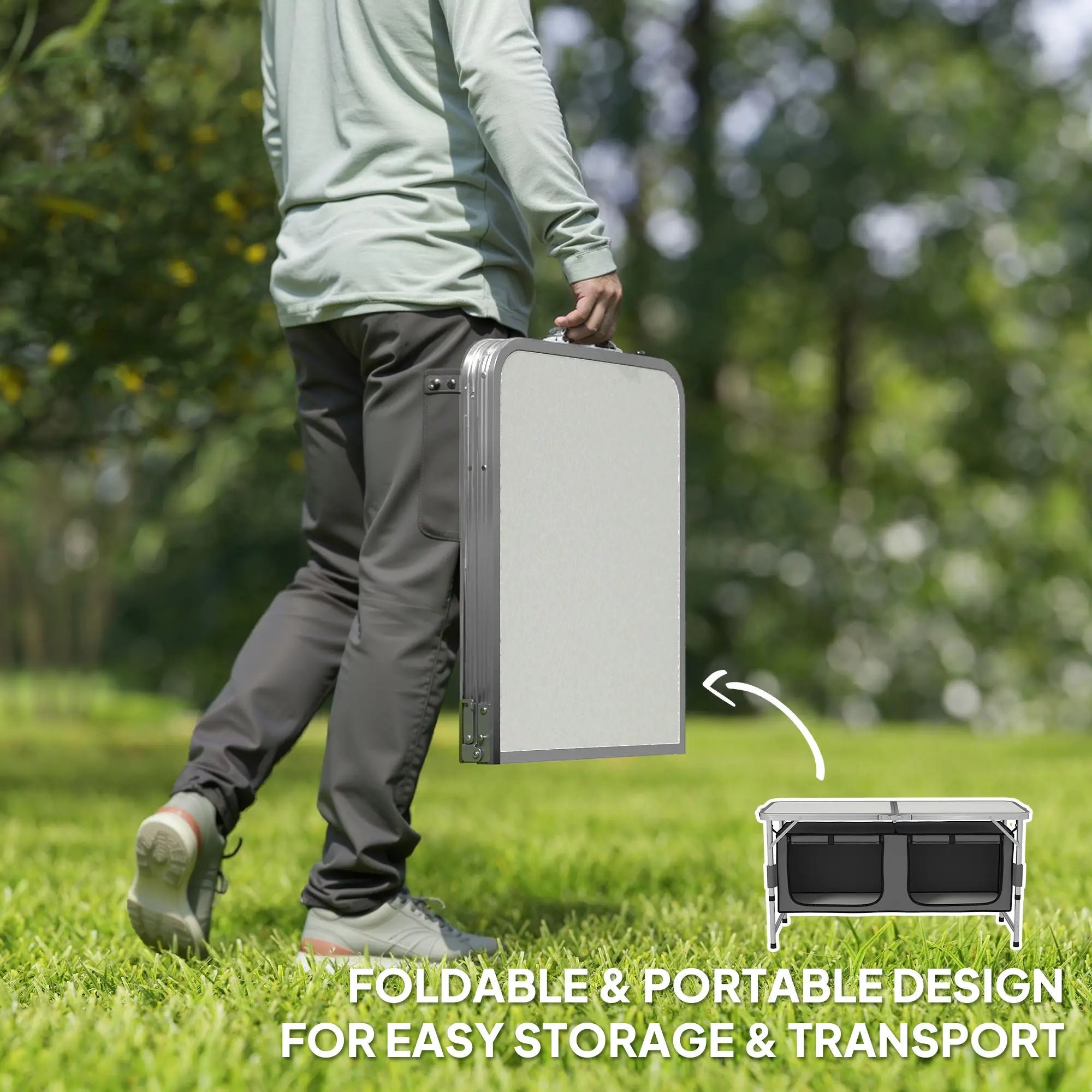 4ft Folding Camping Cupboard Kitchen, Height Adjustable Aluminium Camping Table with Storage, Lightweight Picnic Table for Outdoor Garden BBQ Party