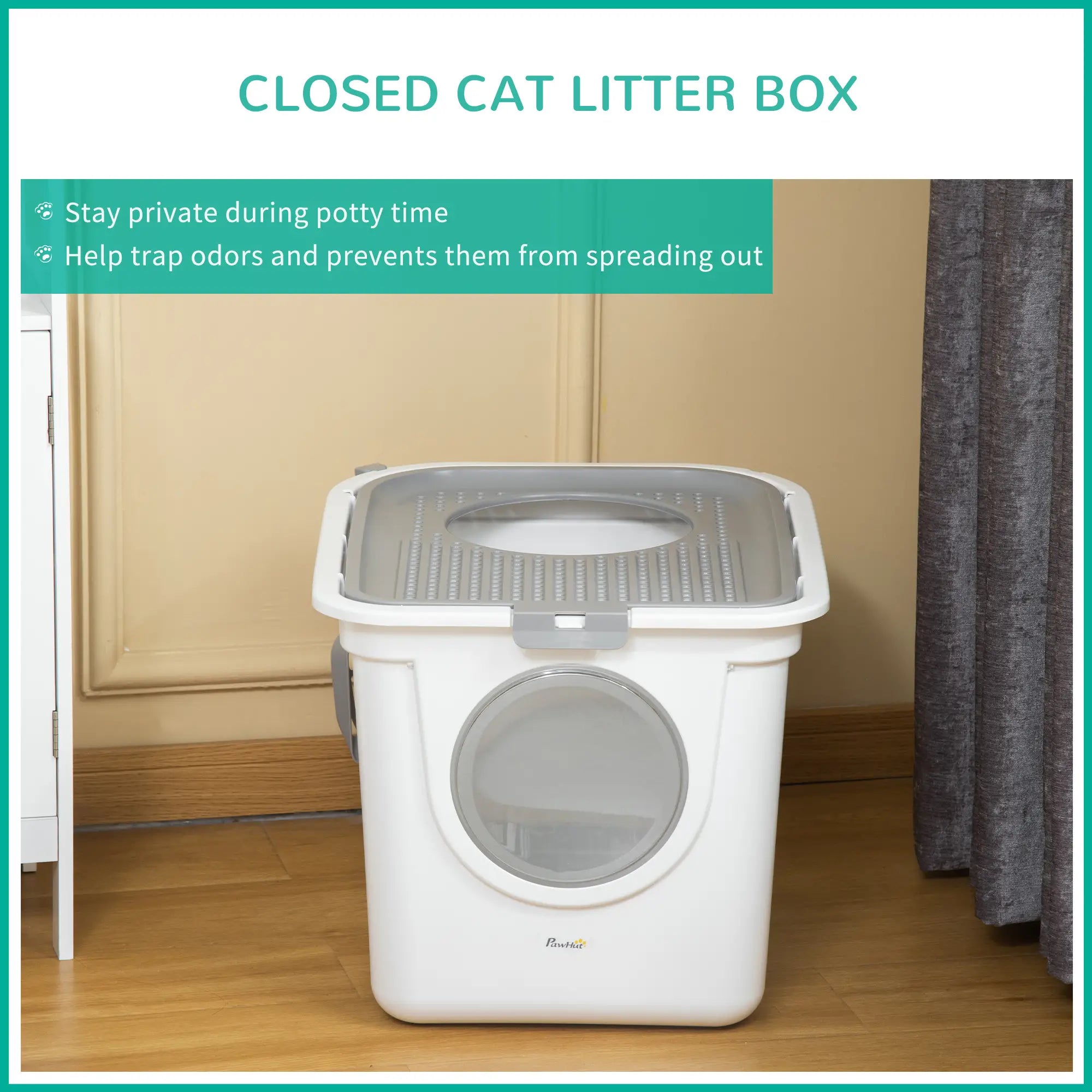 Cat Litter Box, Pet Toilet, Enclosed Kitten Pan with Front Entrance Top Exit, High Side, Scoop, White