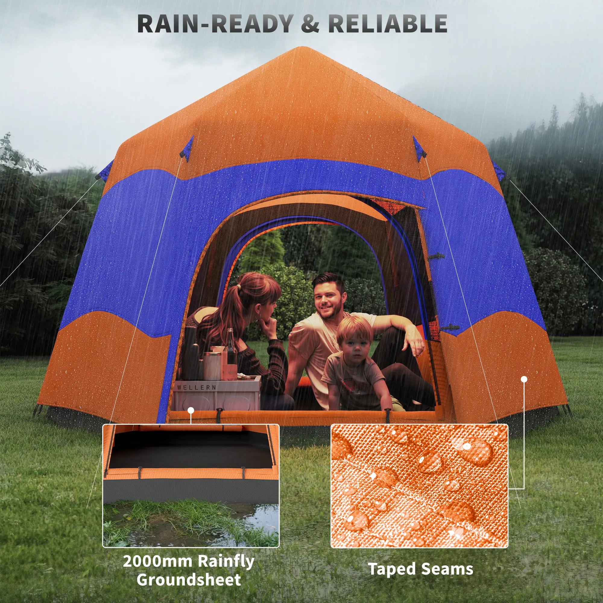 Six Man Hexagon Camping Tent with Hang Hook and Carry Bag - Orange and Blue