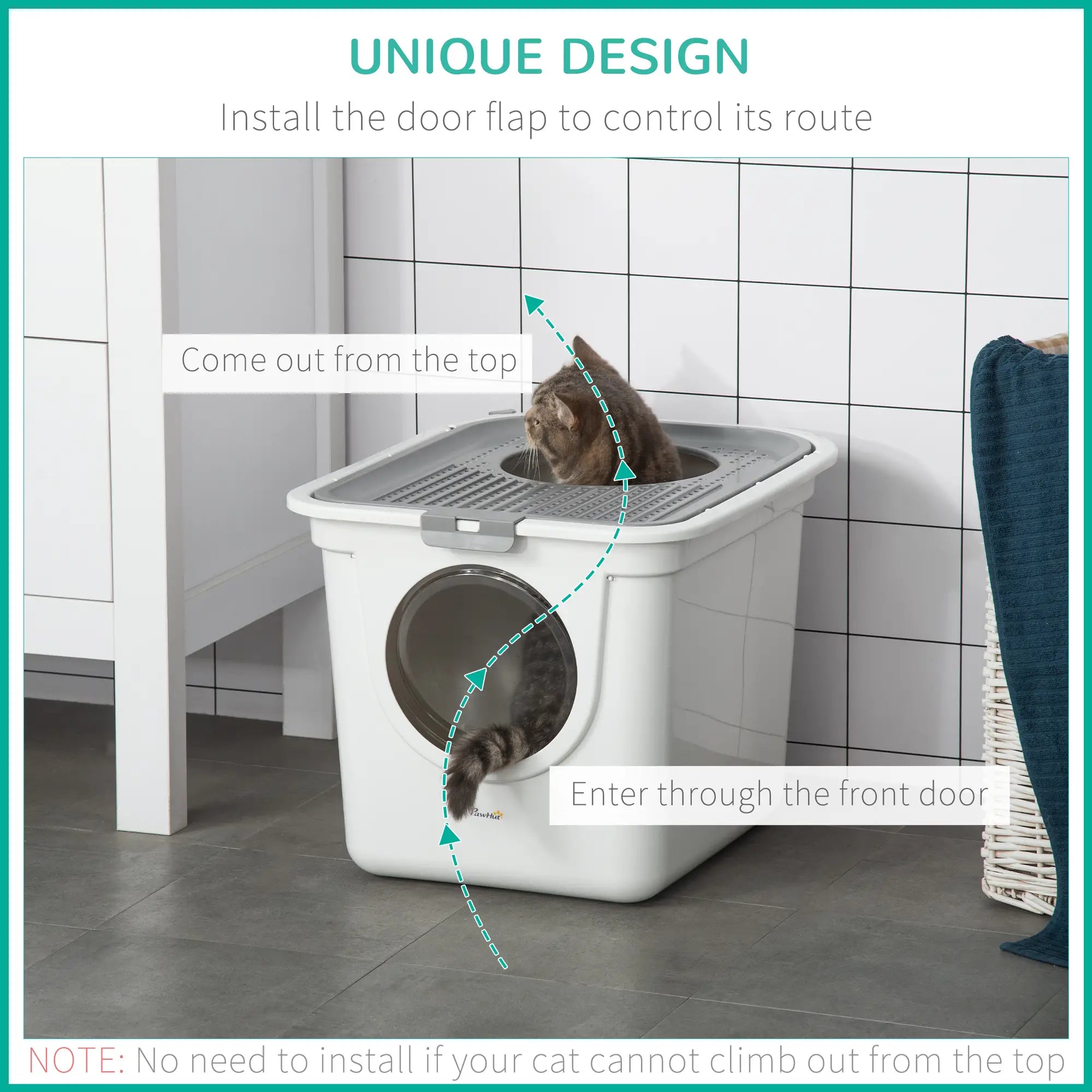 Cat Litter Box, Pet Toilet, Enclosed Kitten Pan with Front Entrance Top Exit, High Side, Scoop, White