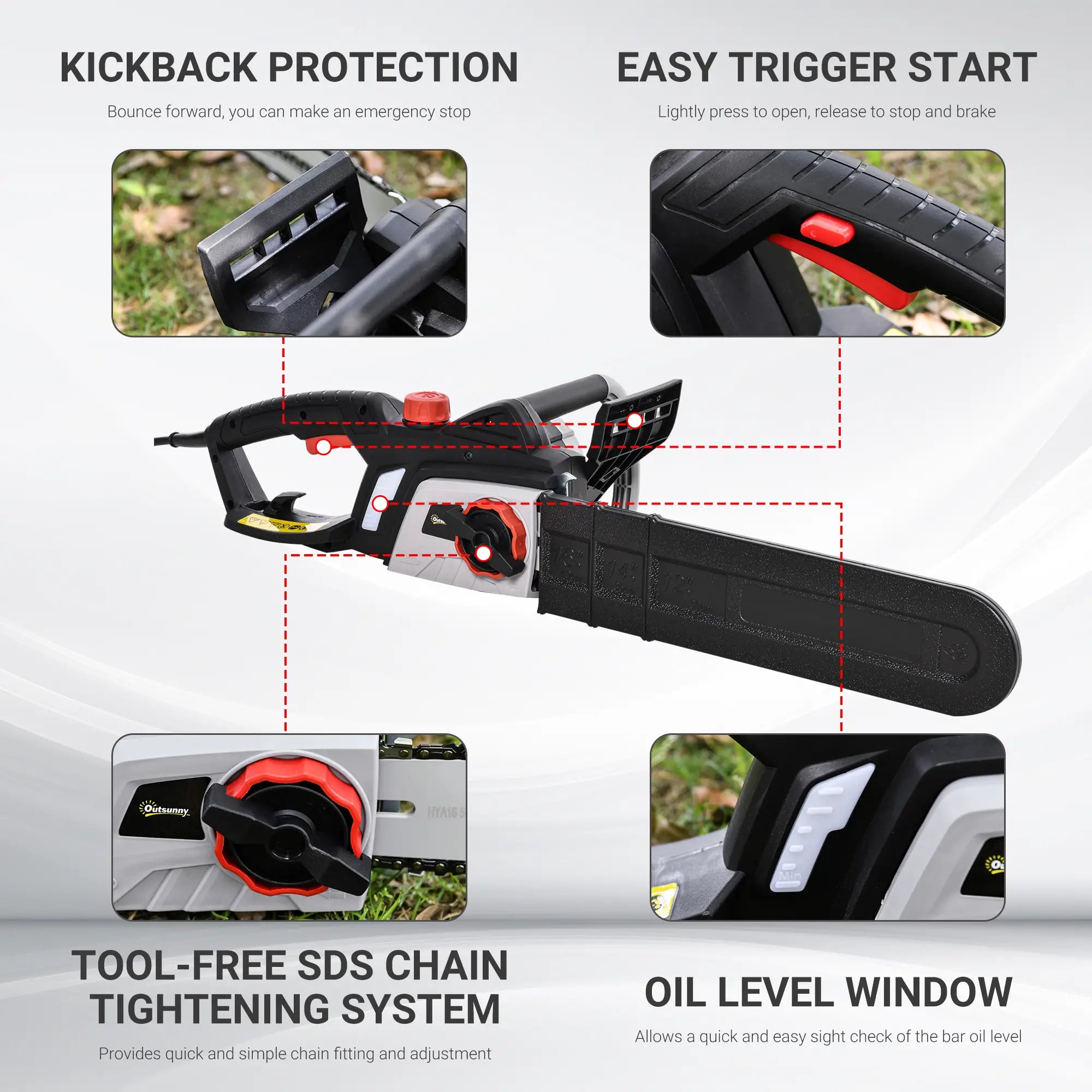 1600W Electric Chainsaw with Double Brake, Tool-Free Chain Tensioning and 16inch Guide Bar and Chain, Power Saw to Cut Wood, Auto Chain Lubrication