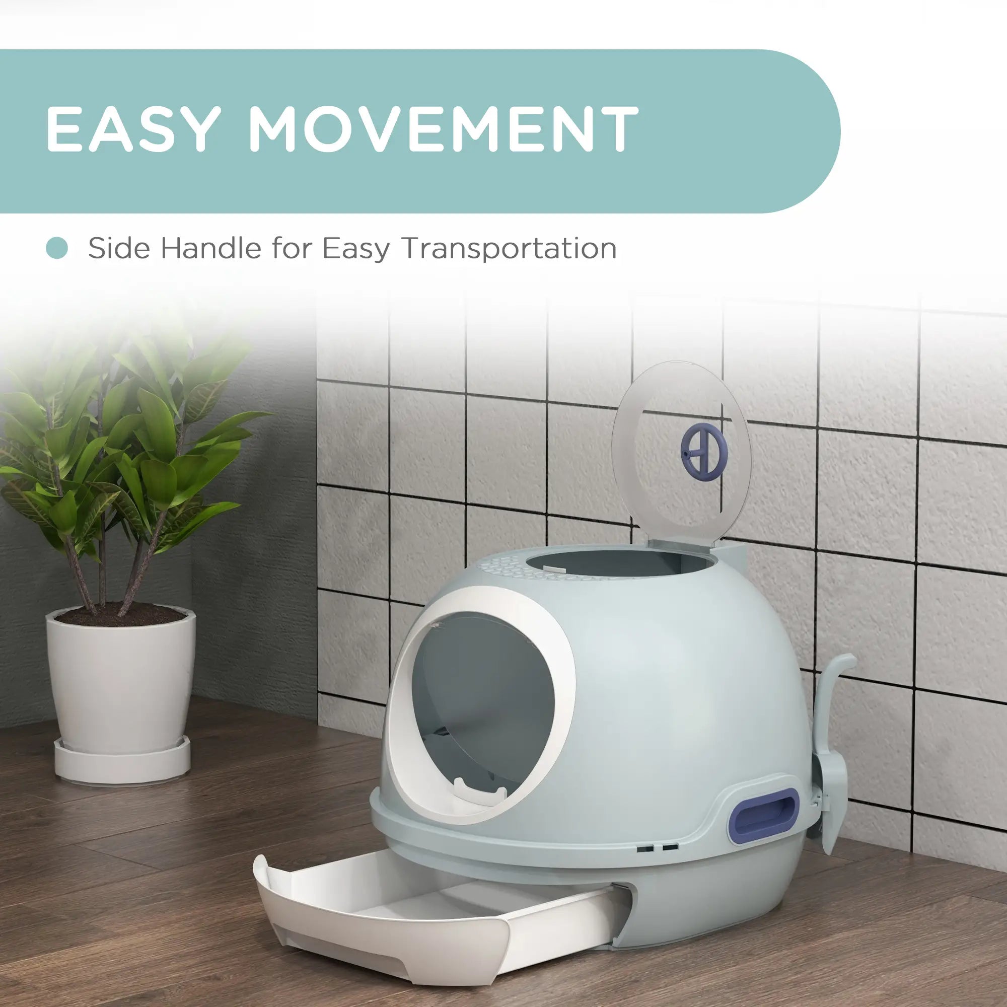 Cat Litter Box Toilet with Litter Scoop Enclosed Drawer, Front Entry Top Exit, Easy To Clean Blue