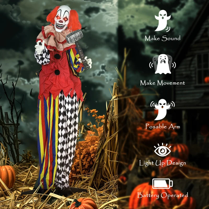 173 cm Life Size Halloween Animated Standing Clown & Hammer with Red Light Up Eyes, Sound Activated Moving Arms & Head, Scary Clown Halloween Decorations, Battery Operated, Indoor Party Props