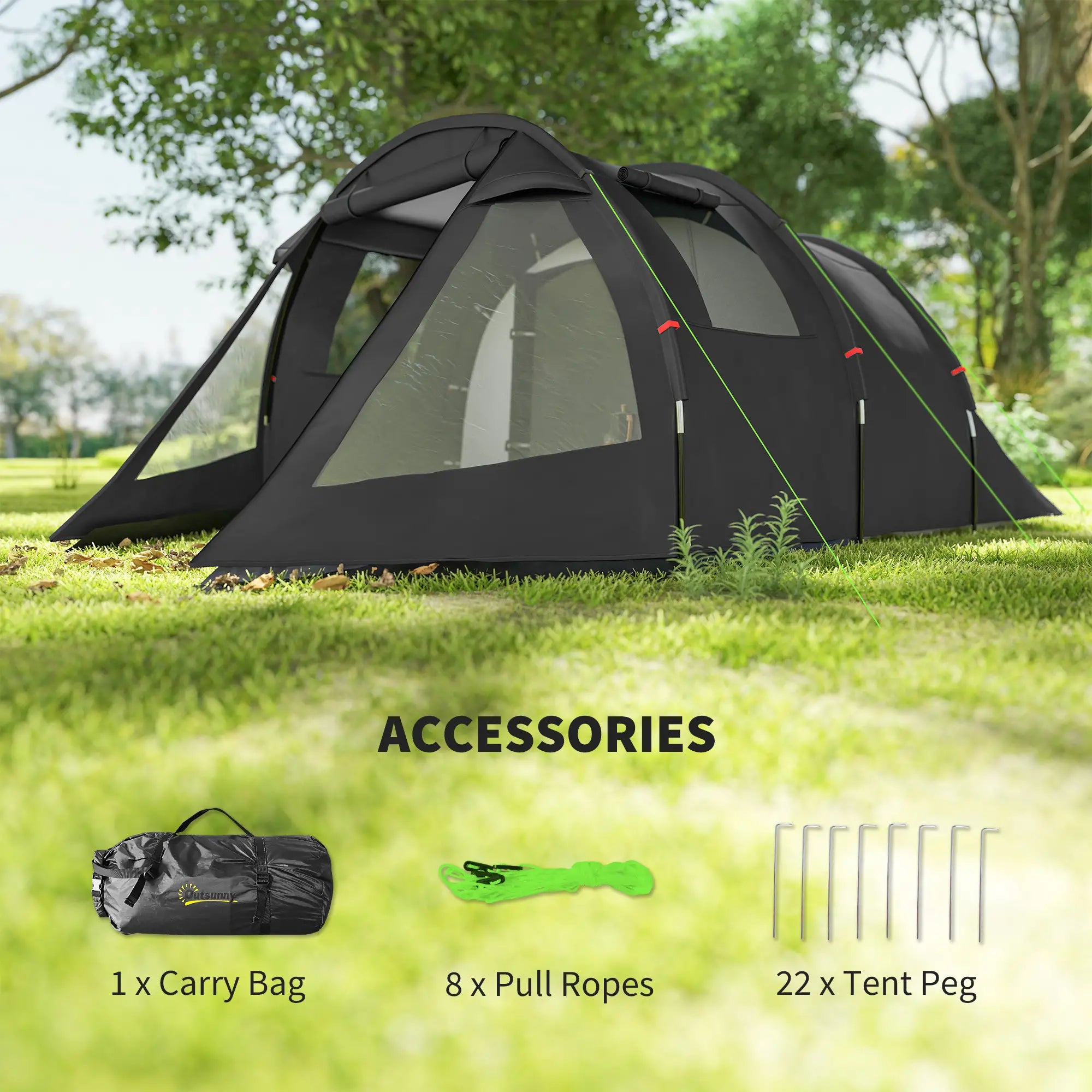 3-4 Man Tunnel Tent, Two Room Camping Tent with Windows, Portable Carry Bag, for Fishing, Hiking, Sports, Festival - Black