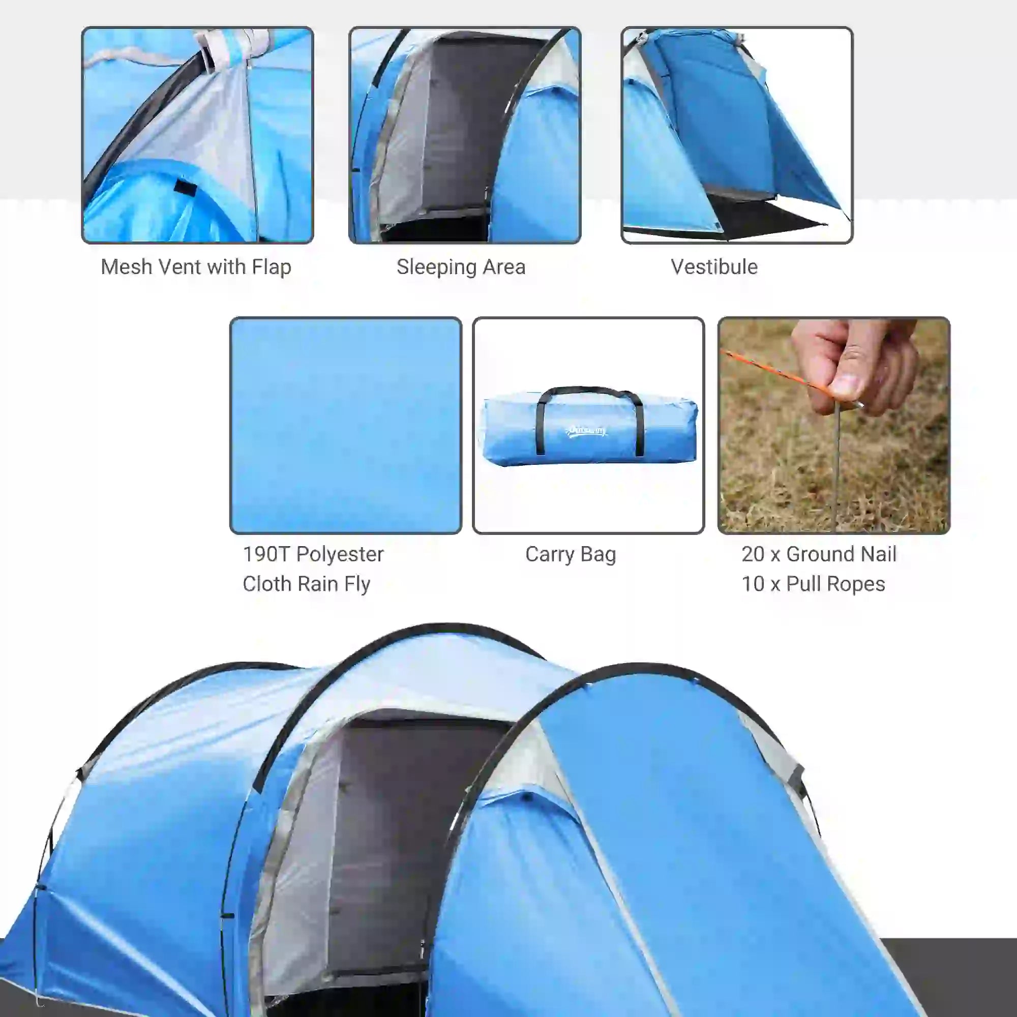 2-3 Man Tunnel Tent with Vestibule, Weather-Resistant Camping Tent with Air Vents for Fishing Hiking, Light Blue & Grey
