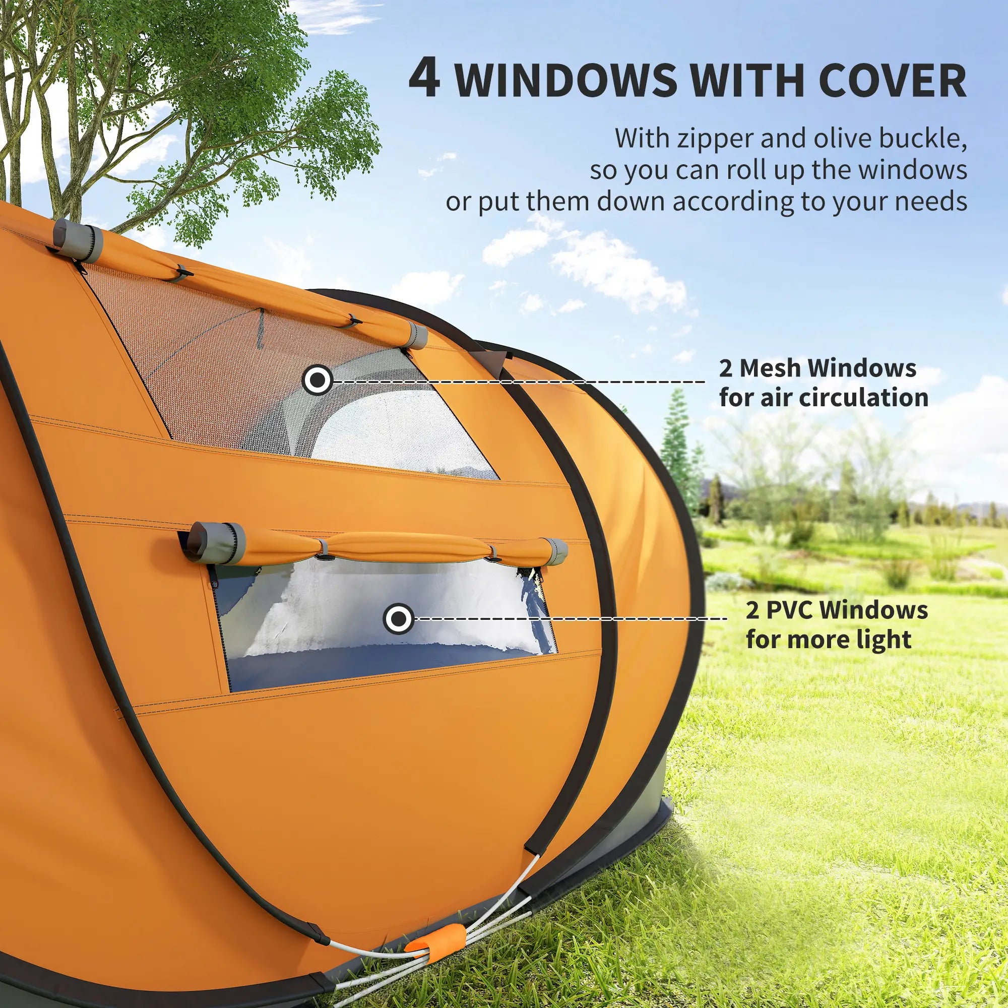 4 Person Pop-up Camping Tent Family Tent with Ground Sheet, 4 Windows and Portable Carry Bag for Beach Outdoor Trip, Orange