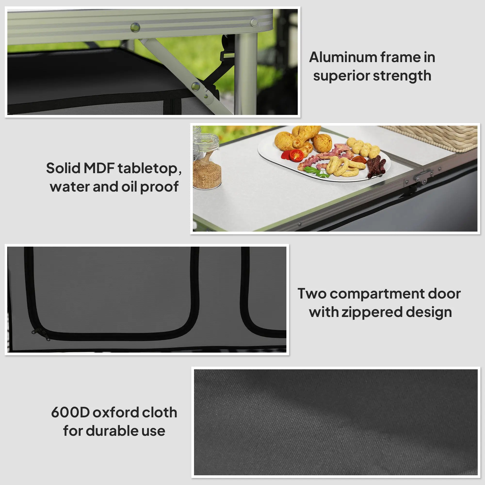4ft Folding Camping Cupboard Kitchen, Height Adjustable Aluminium Camping Table with Storage, Lightweight Picnic Table for Outdoor Garden BBQ Party