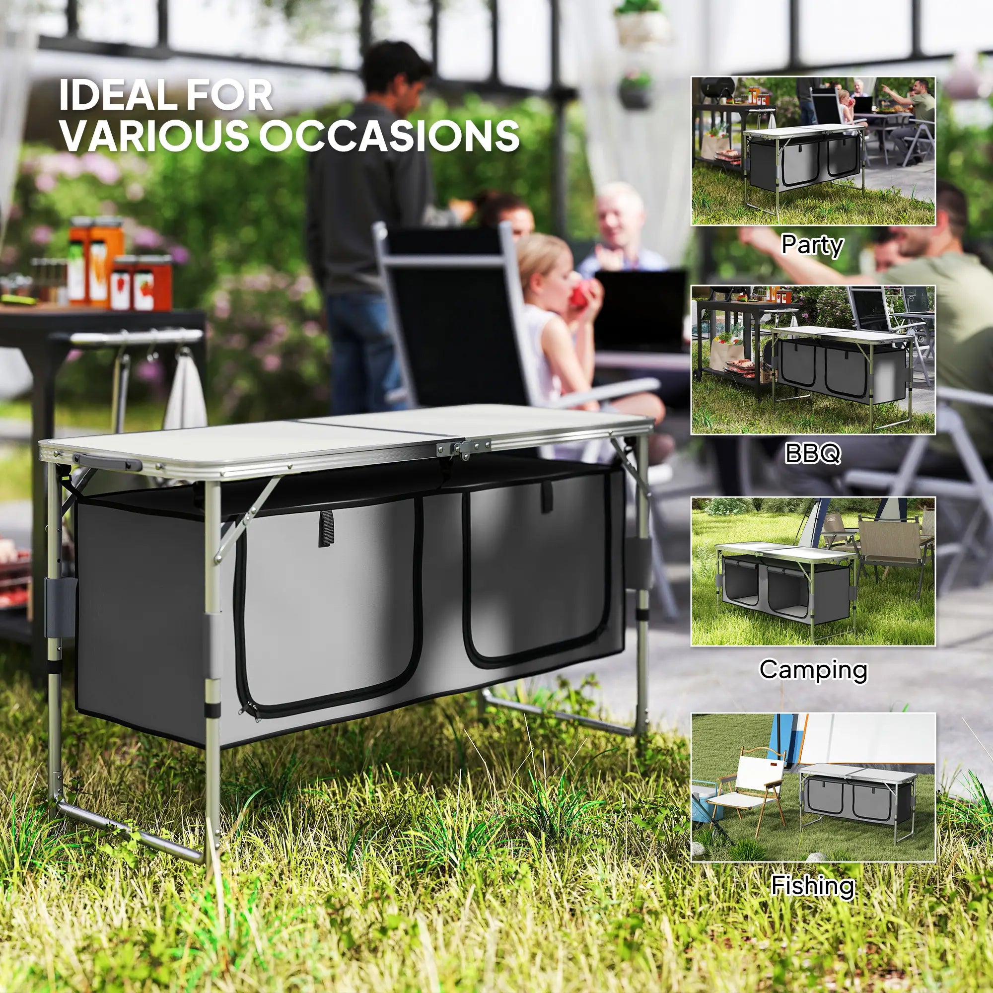 4ft Folding Camping Cupboard Kitchen, Height Adjustable Aluminium Camping Table with Storage, Lightweight Picnic Table for Outdoor Garden BBQ Party
