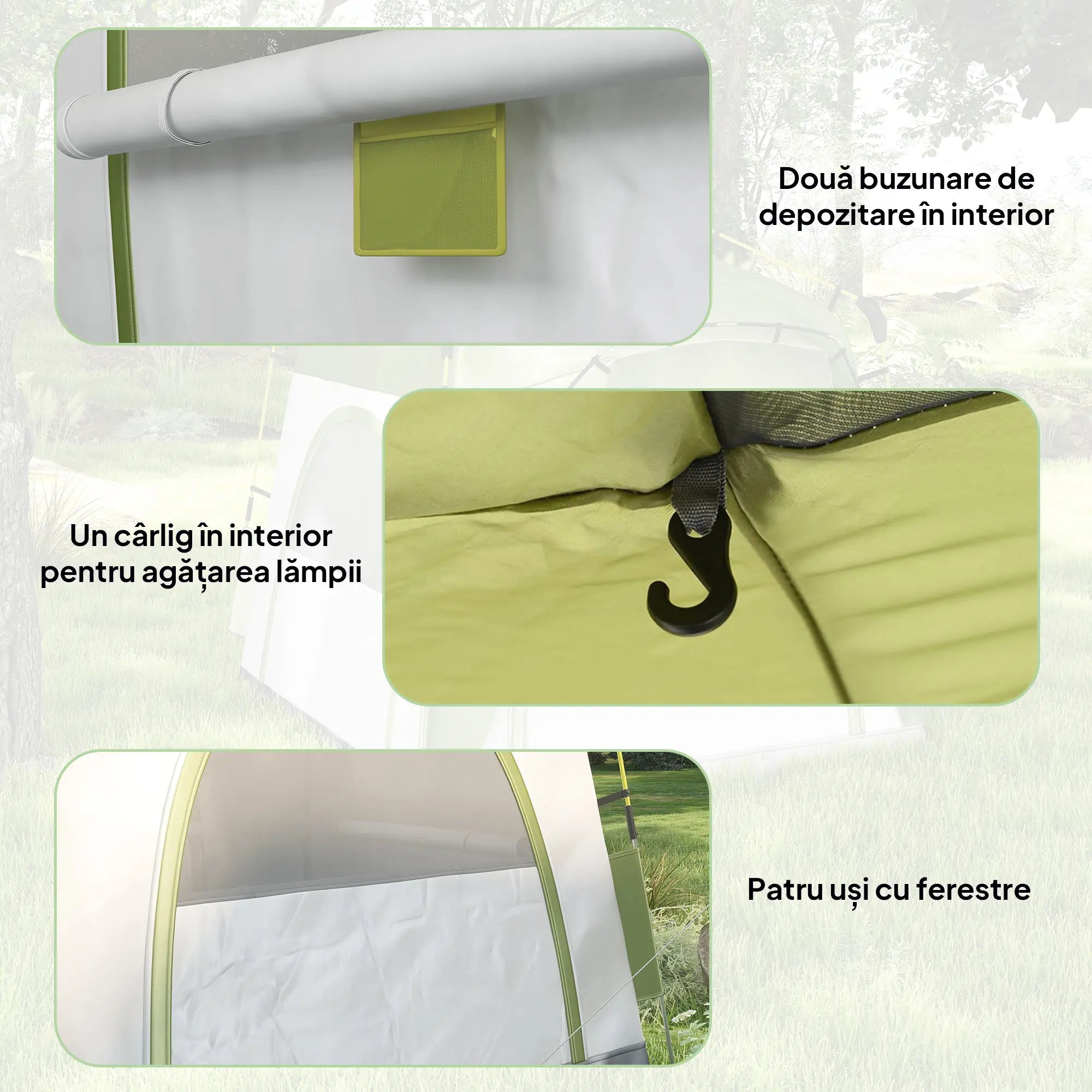 Instant Pop Up Camping Tent, 4 Man Dome Tent with 4 Doors, Sewn-in Groundsheet, Carry Bag and Top Hook for Fishing Hiking Festival, Green