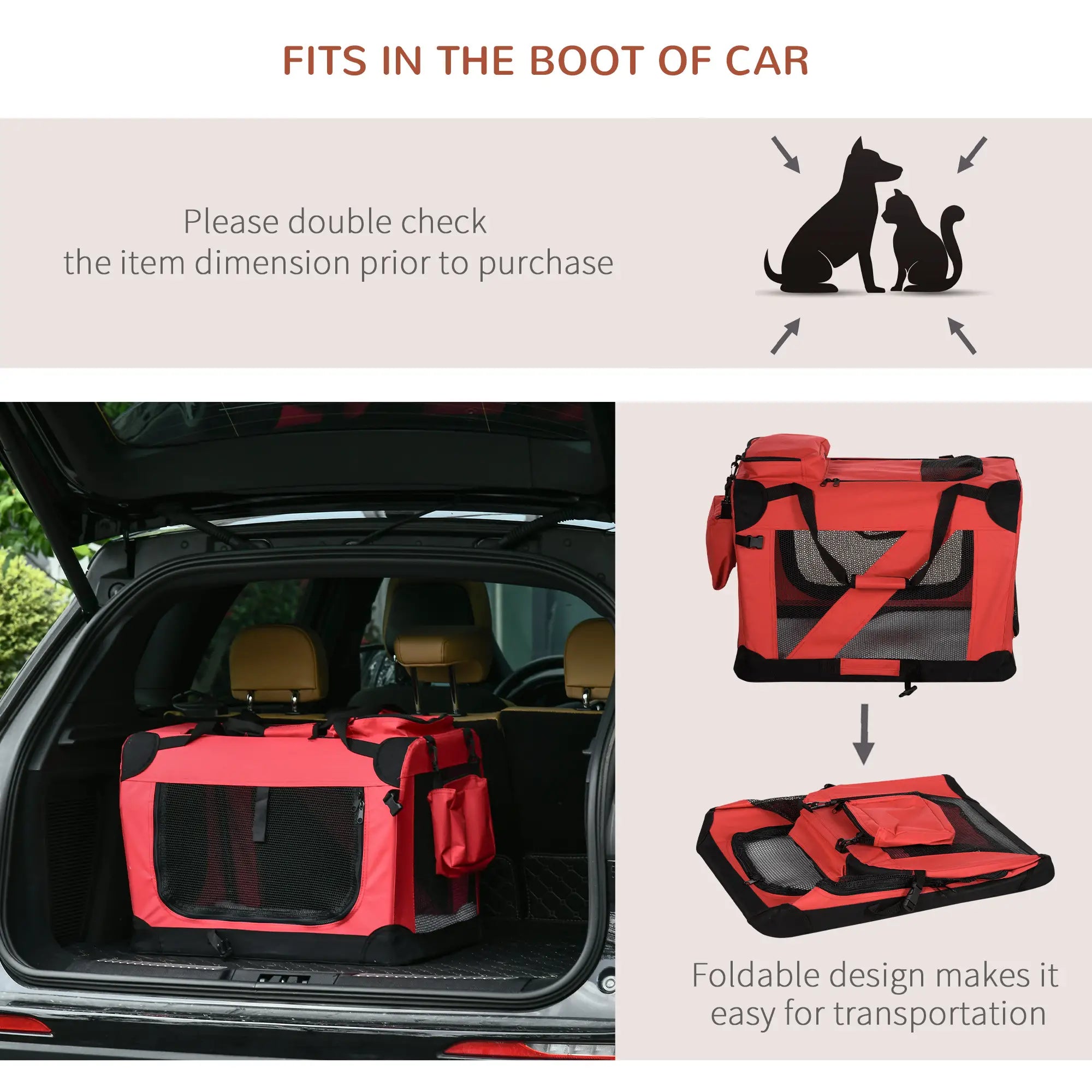 Foldable Pet Carrier for Small and Miniature Dogs, Portable Cat Carrier Soft Side Pet Travel Crate with Removable Mat, Storage Bags, Breathable Mesh Window 60 x 42 x 42cm - Red