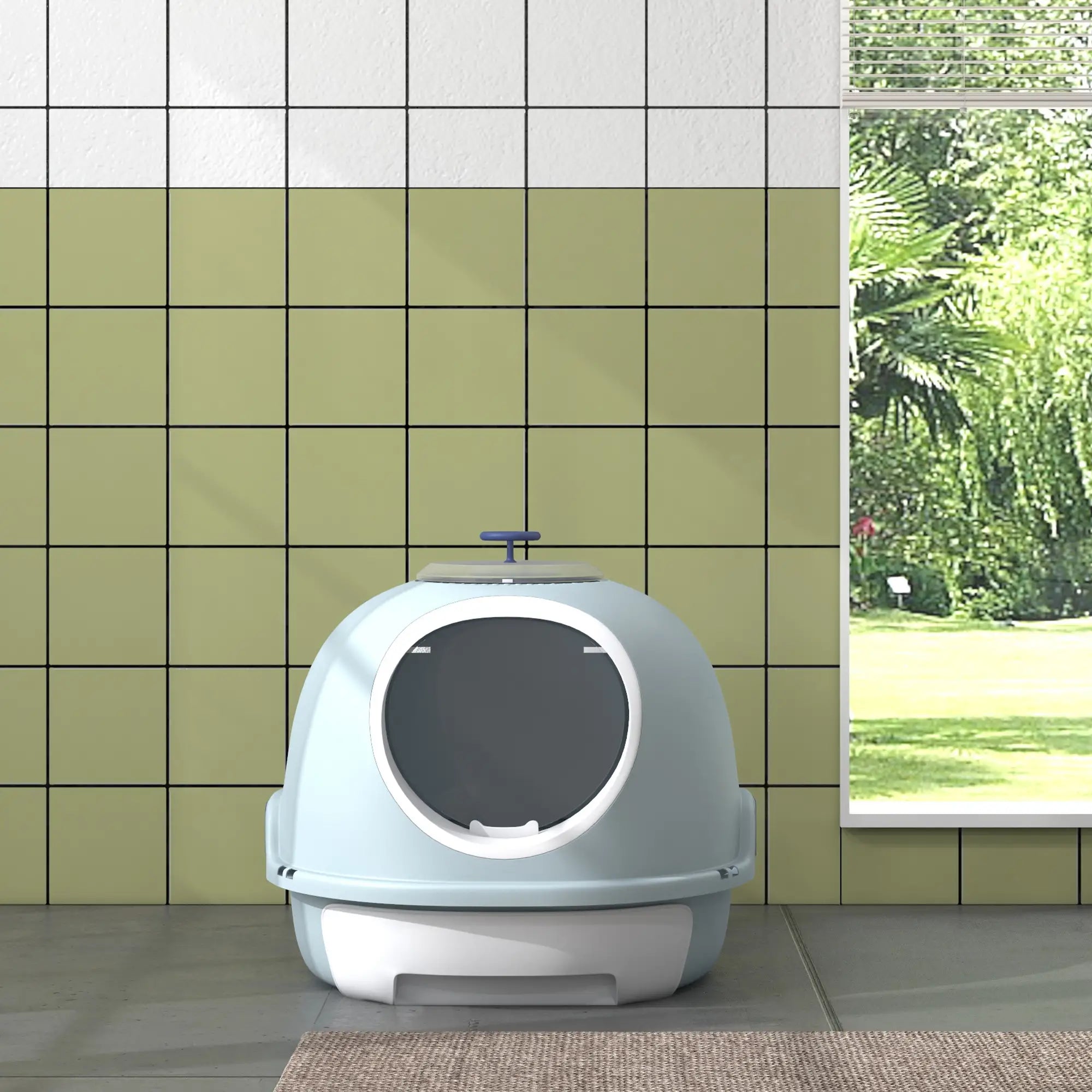 Cat Litter Box Toilet with Litter Scoop Enclosed Drawer, Front Entry Top Exit, Easy To Clean Blue