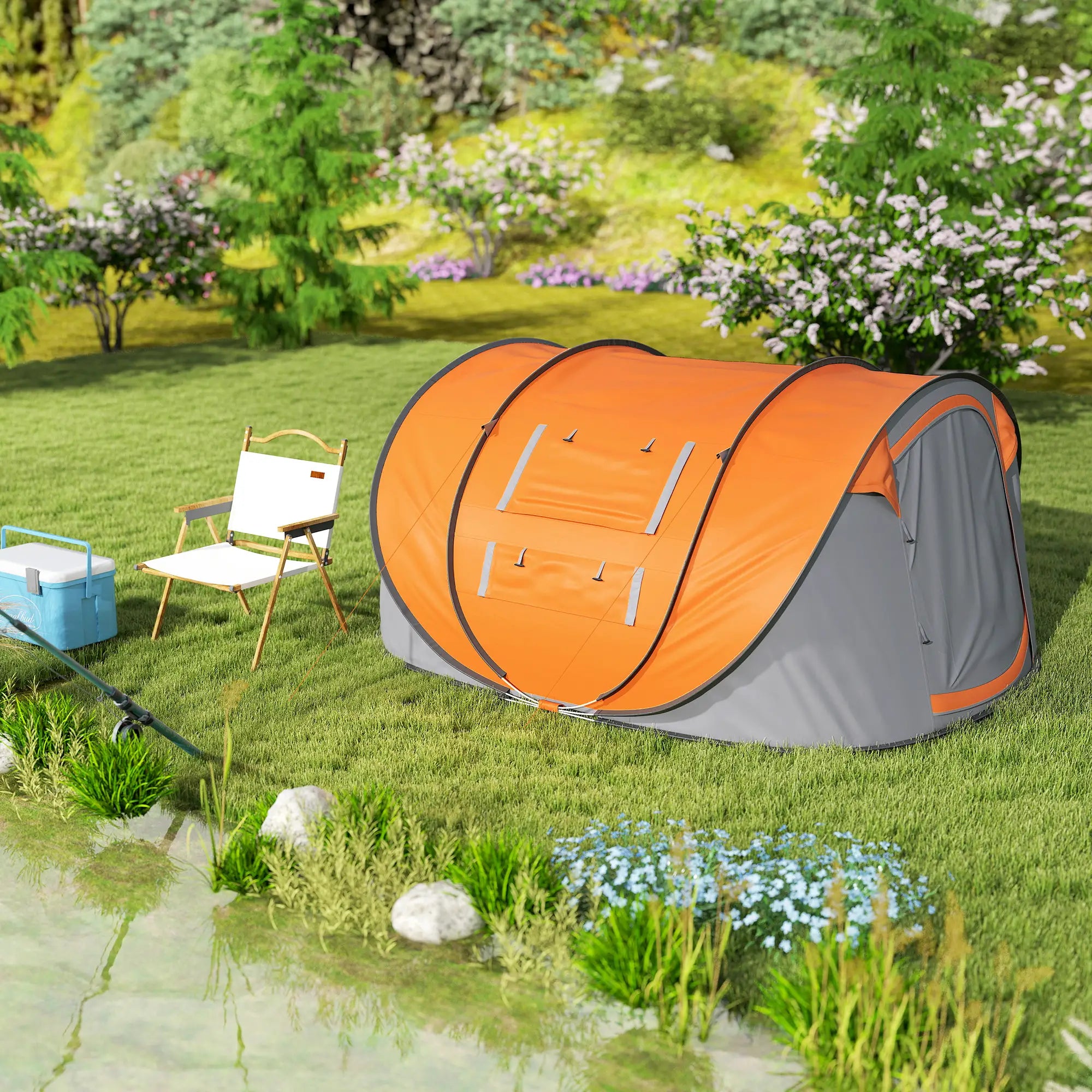 4 Person Pop-up Camping Tent Family Tent with Ground Sheet, 4 Windows and Portable Carry Bag for Beach Outdoor Trip, Orange