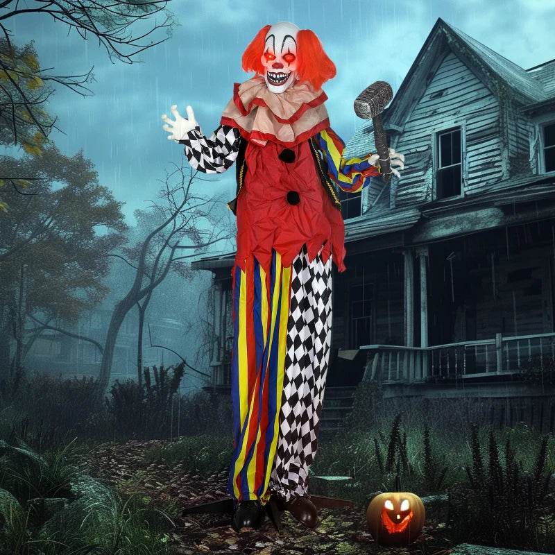 173 cm Life Size Halloween Animated Standing Clown & Hammer with Red Light Up Eyes, Sound Activated Moving Arms & Head, Scary Clown Halloween Decorations, Battery Operated, Indoor Party Props