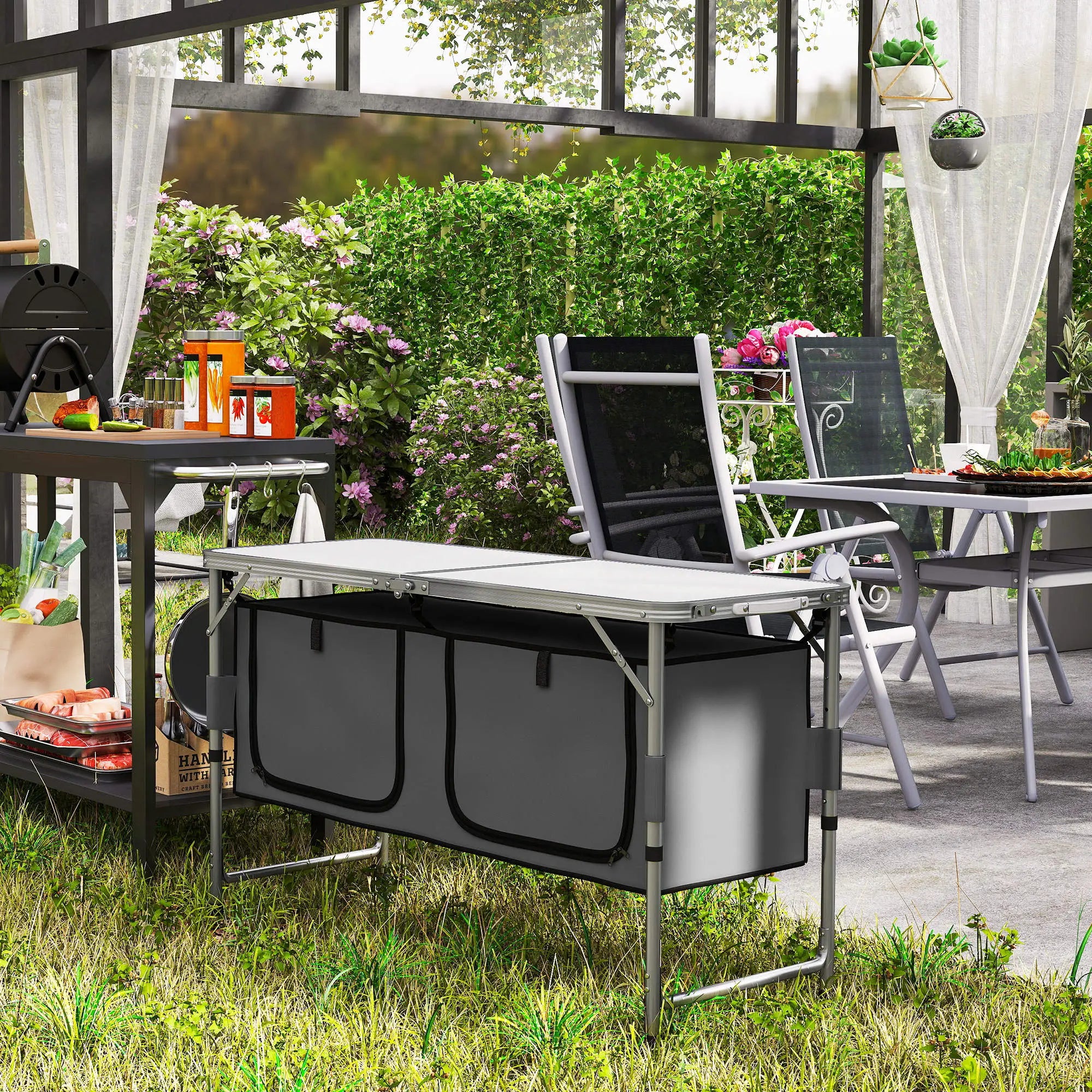 4ft Folding Camping Cupboard Kitchen, Height Adjustable Aluminium Camping Table with Storage, Lightweight Picnic Table for Outdoor Garden BBQ Party