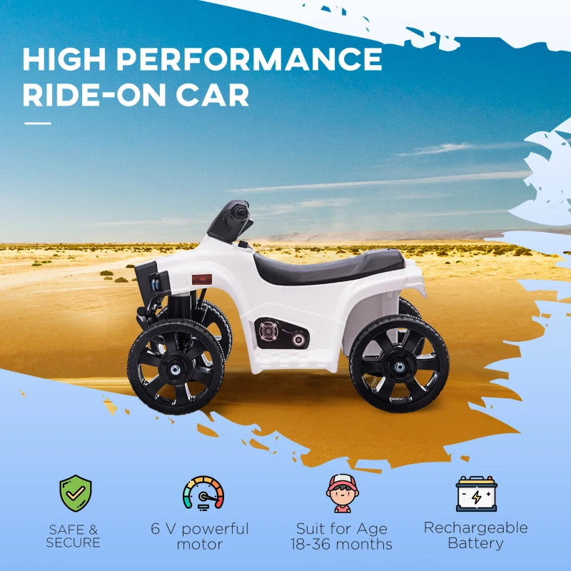 6V Kids Electric Ride on Car, ATV Toy, Quad Bike with Headlights, Horn, for Toddlers 18-36 Months White