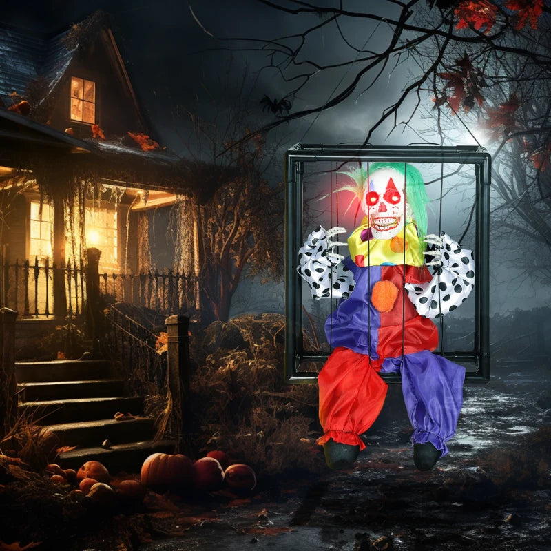 Halloween Animated Hinging Clown in Cage with Glowing LED Eyes, Spooky Clown Scary Halloween Decorations, Battery Operated, Indoor Party Props