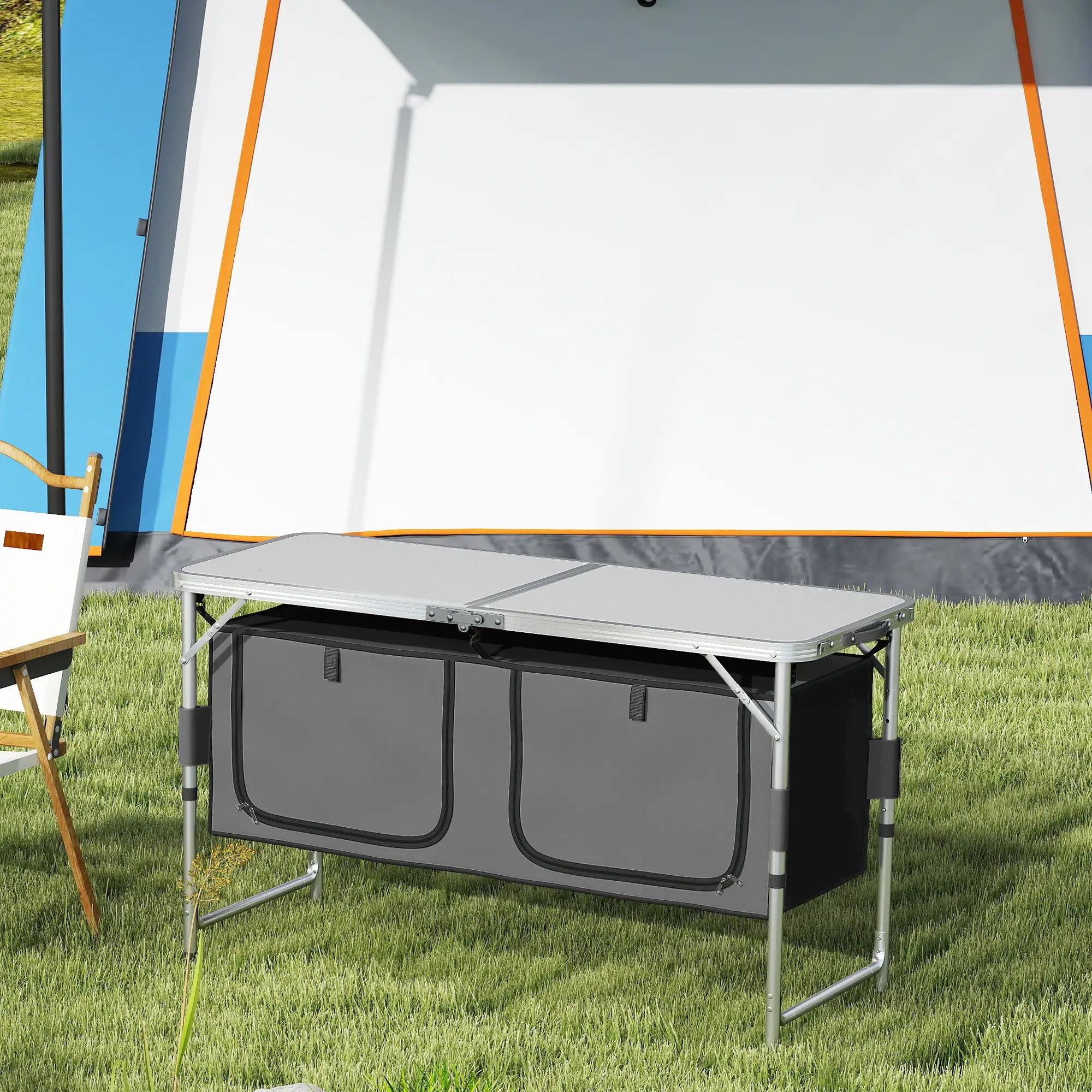 4ft Folding Camping Cupboard Kitchen, Height Adjustable Aluminium Camping Table with Storage, Lightweight Picnic Table for Outdoor Garden BBQ Party
