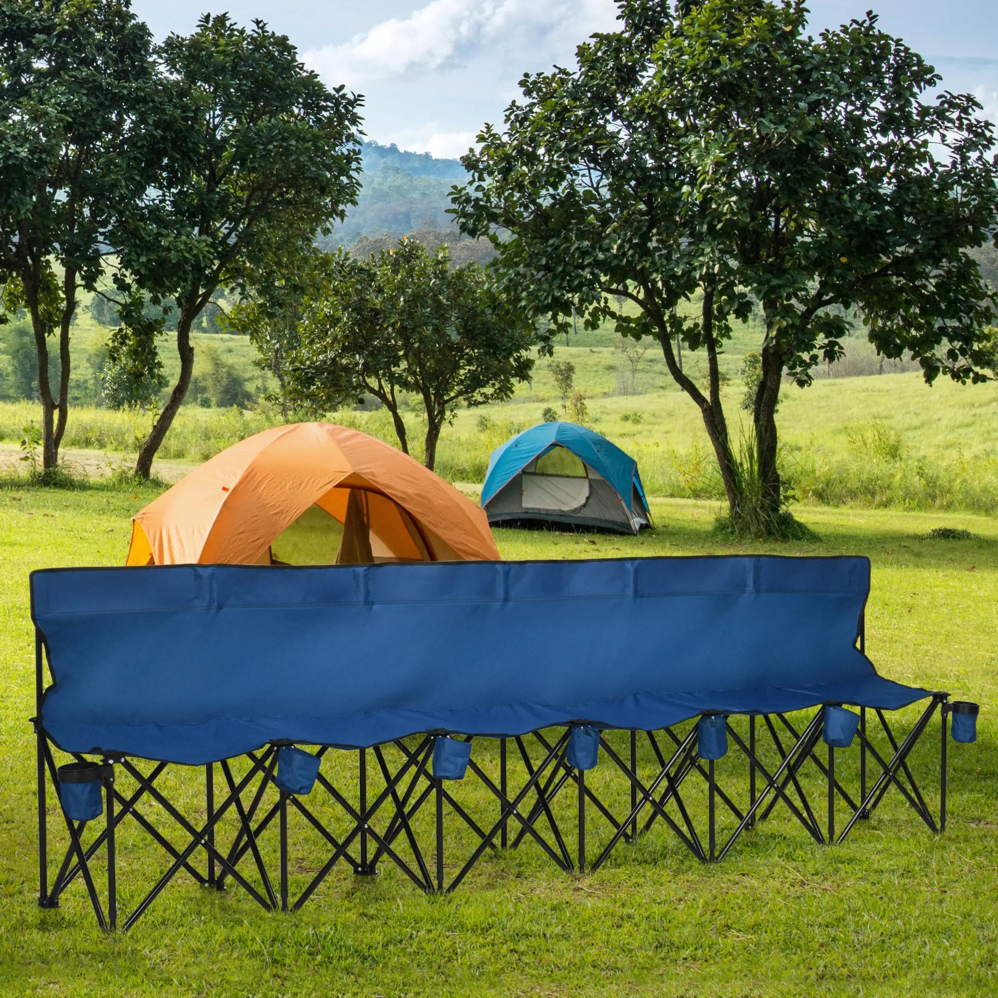 6 Seater Folding Camping Chair with Cup Holder & Carry Bag - Blue