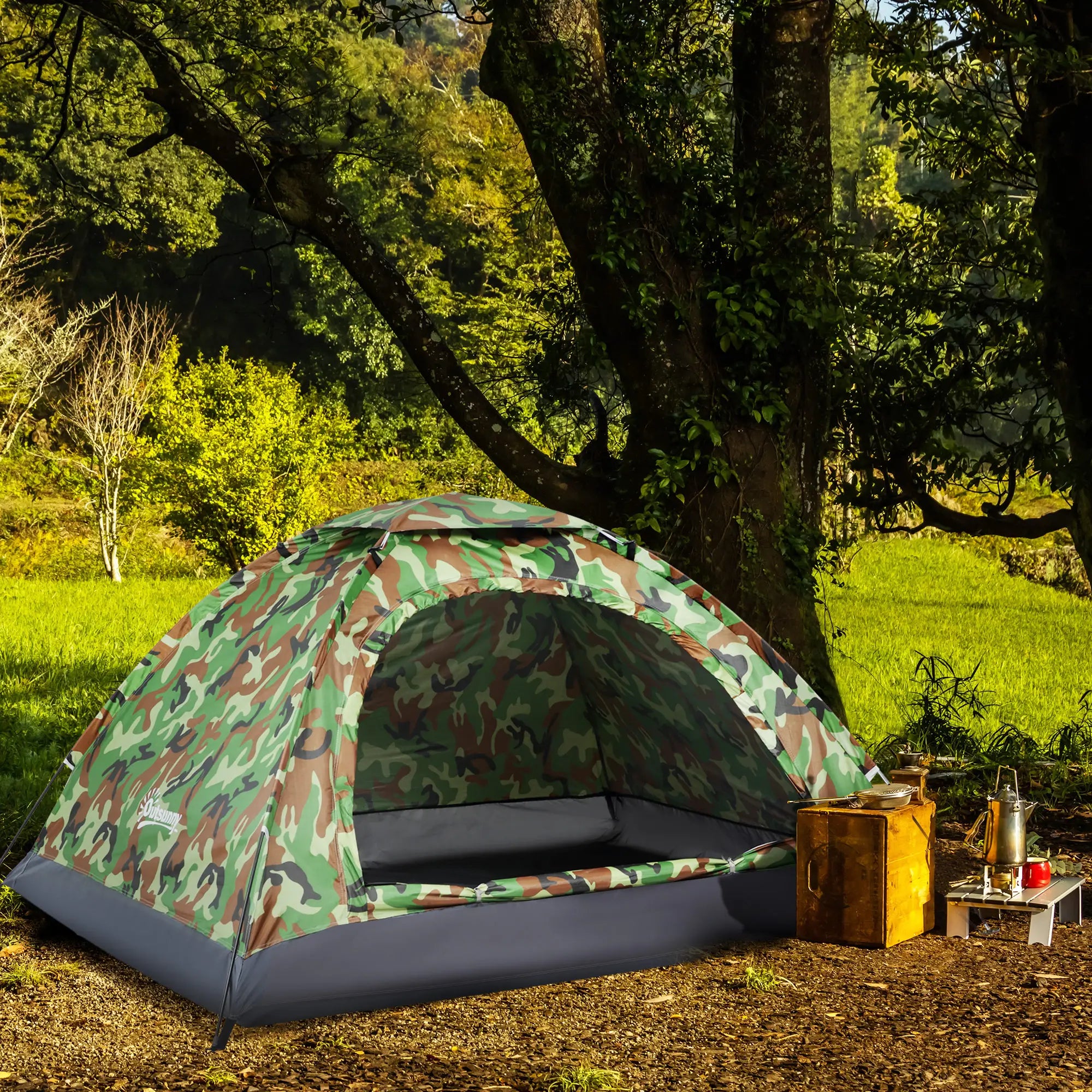2 Person Camping Tent, Dome Tent with Zipped Doors, Storage Pocket, Portable Handy Bag, Multicoloured
