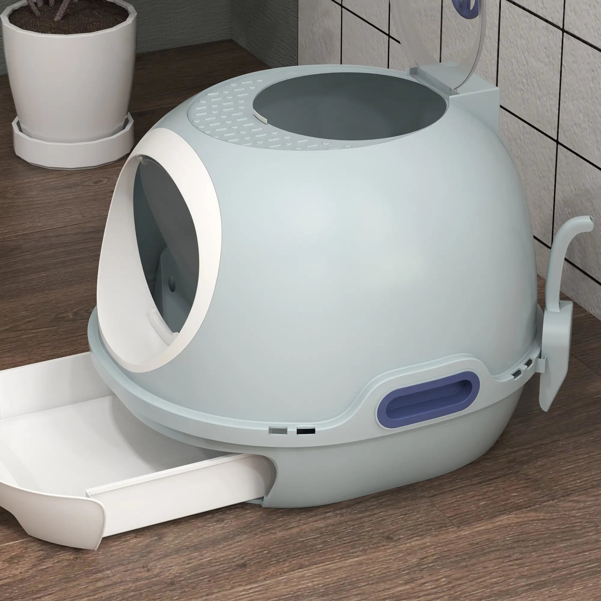 Cat Litter Box Toilet with Litter Scoop Enclosed Drawer, Front Entry Top Exit, Easy To Clean Blue
