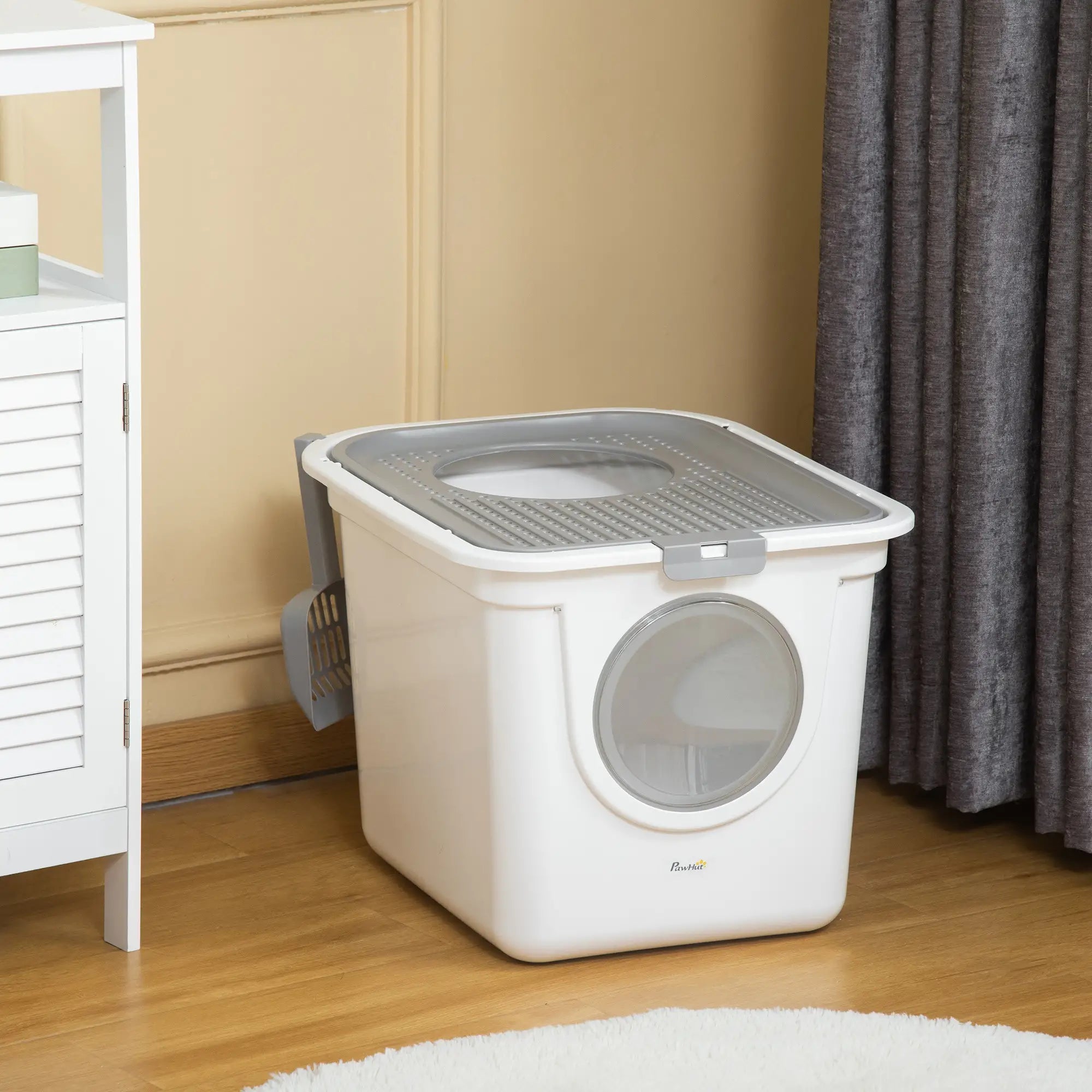 Cat Litter Box, Pet Toilet, Enclosed Kitten Pan with Front Entrance Top Exit, High Side, Scoop, White