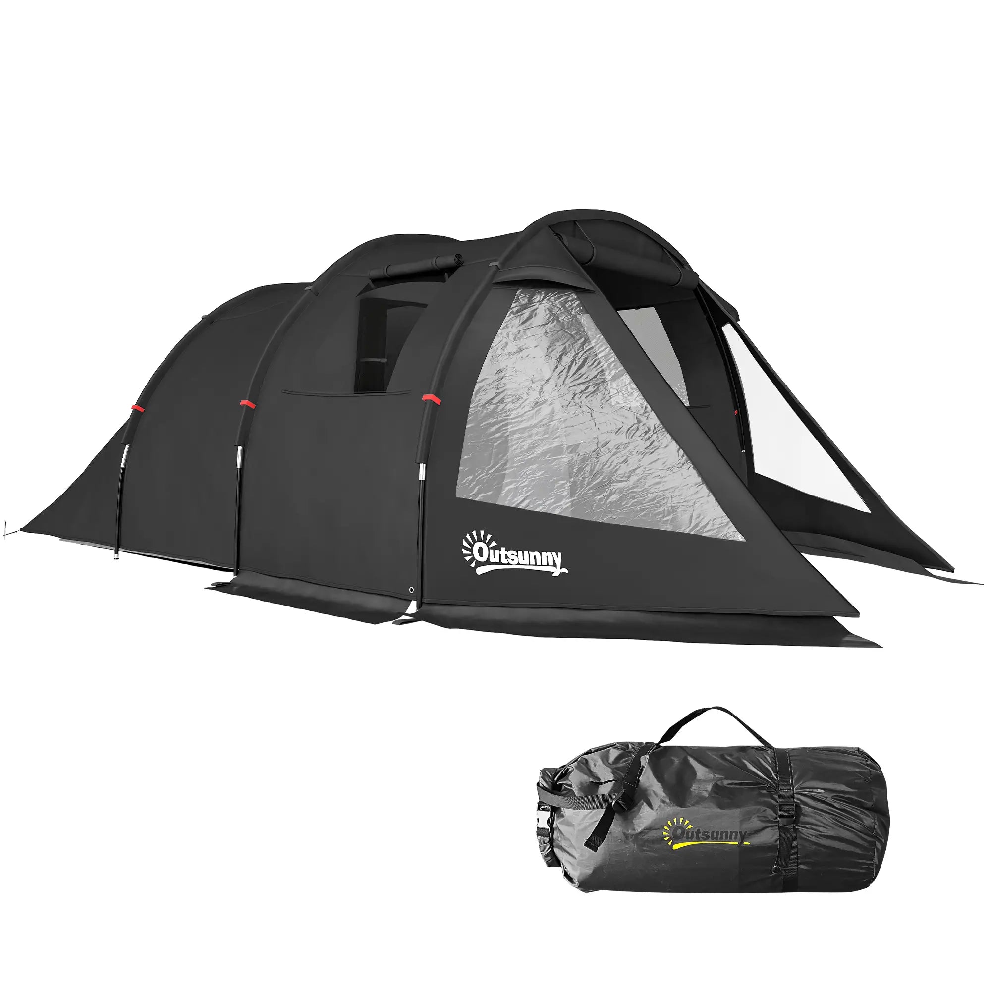 3-4 Man Tunnel Tent, Two Room Camping Tent with Windows, Portable Carry Bag, for Fishing, Hiking, Sports, Festival - Black