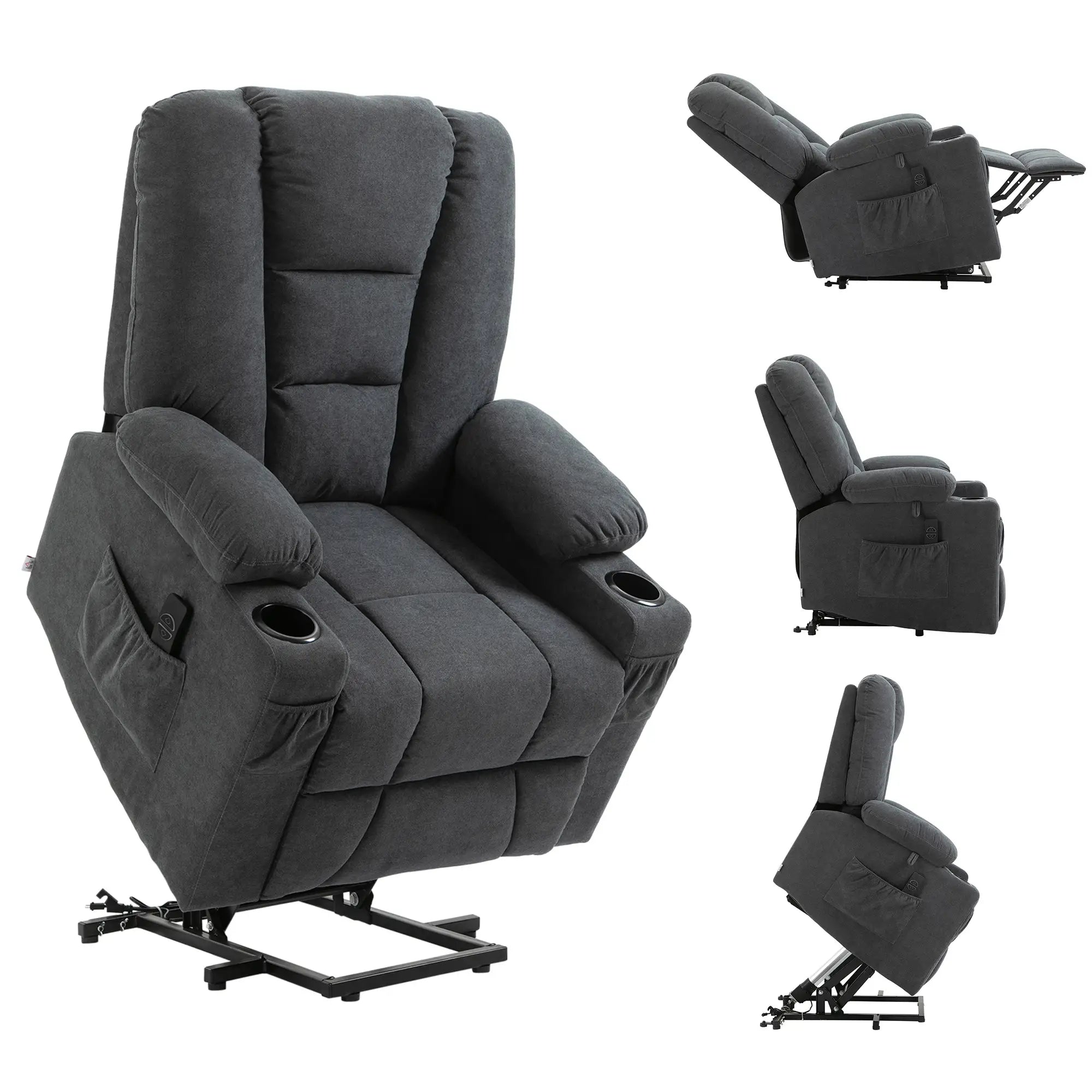 Oversized Riser and Recliner Chairs for the Elderly, Fabric Upholstered Lift Chair for Living Room with Remote Control, Side Pockets, Cup Holder, Charcoal Grey