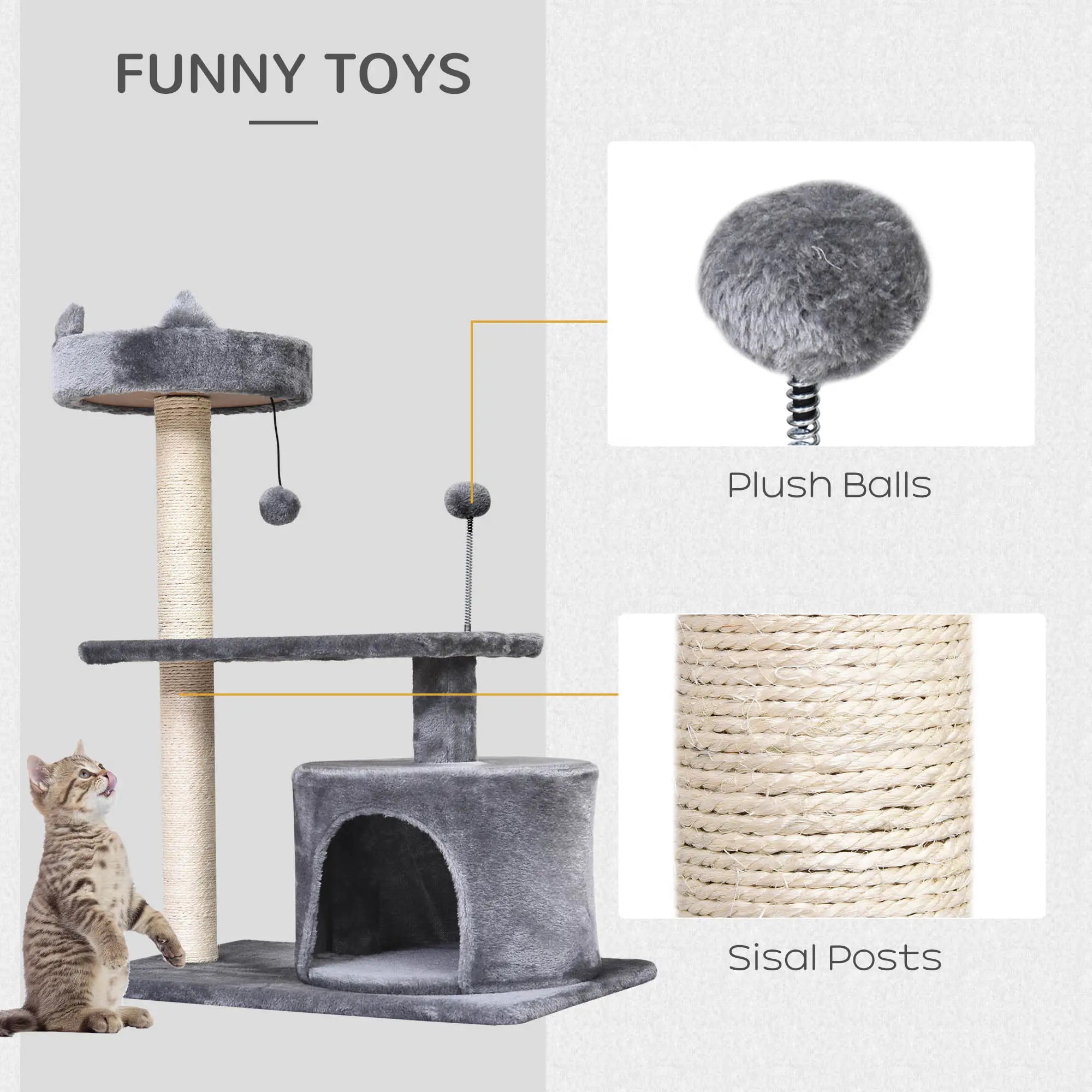 Cat Tree for Indoor Cats with Scratching Post Climbing Tower Kitty Activity Centre Condo Perch Jumping Platforms Grey 60L x 40W x 81H cm