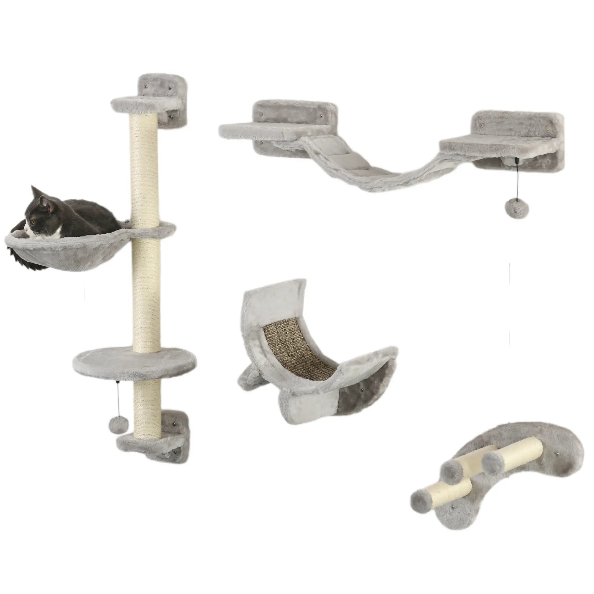 Four-Piece Cat Wall Furniture, with Hammock, Ladder, Platforms, Steps, for Indoor Use - Grey
