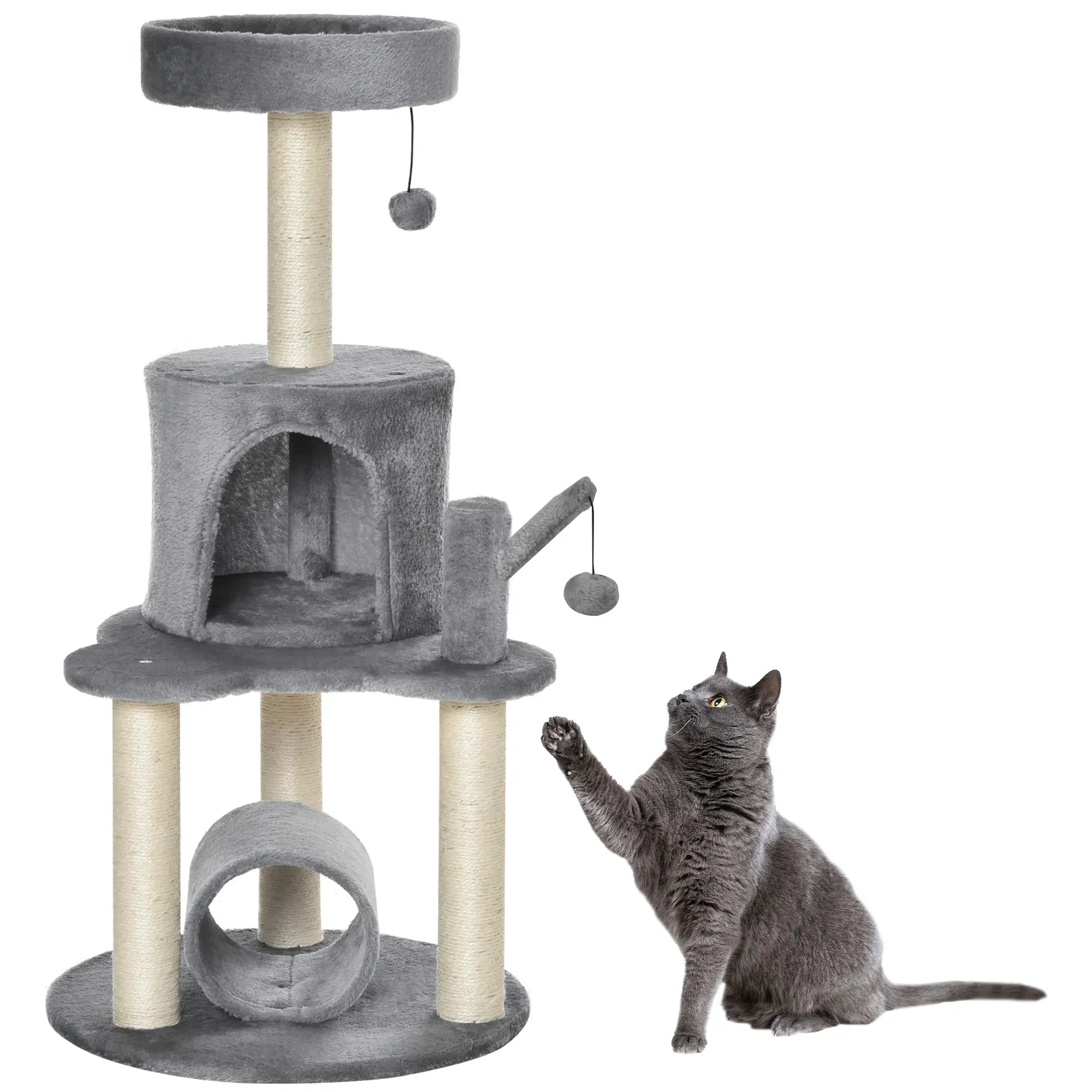 Cat Tree Tower for Indoor Cats Climbing Activity Center Kitten Furniture with Jute Scratching Post Bed Tunnel Perch Hanging Balls Grey