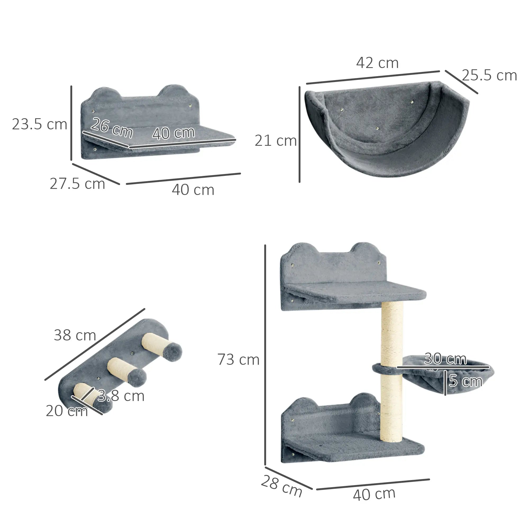 4PCs Wall-Mounted Cat Shelves w/ Scratching Post, Hammock, Nest - Grey