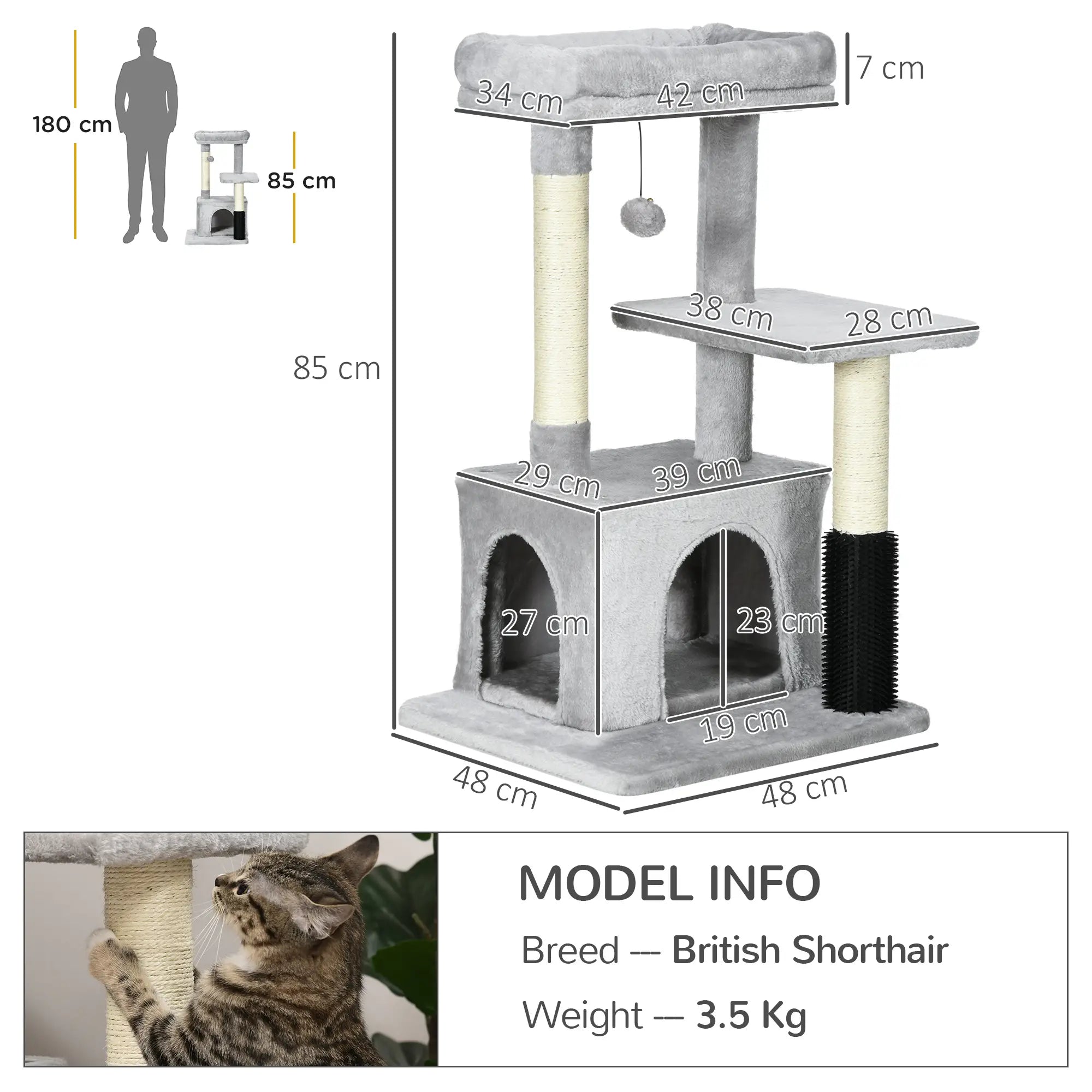 Cat Tree for Indoor Cats Climbing Tower Kitten Scratch Post Activity Center Kitten with Massage Toy Hanging Ball Bed Condo Perch 48 x 48 x 85cm Grey