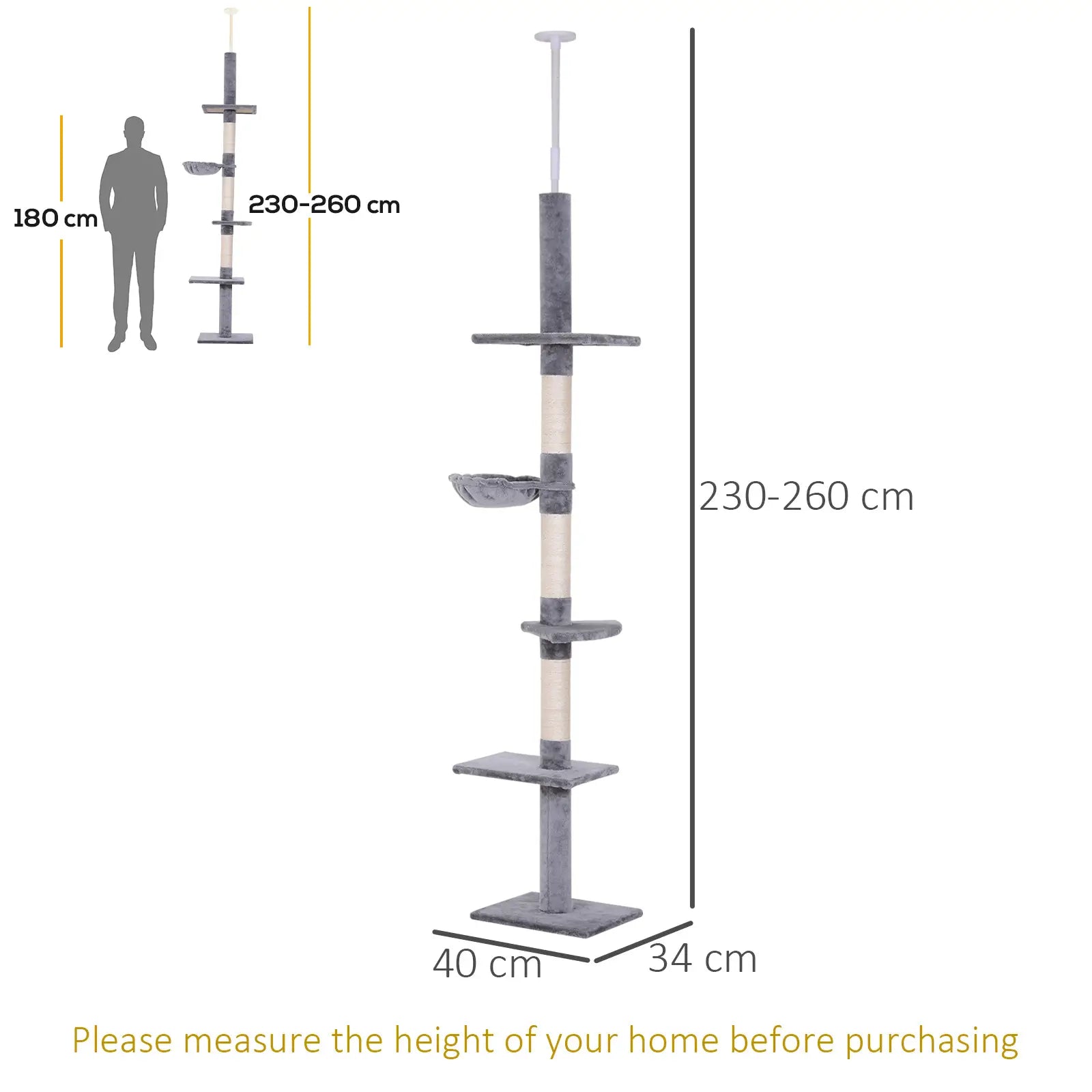 Floor to Ceiling Cat Tree for Indoor Cats 5-Tier Kitty Tower Climbing Activity Center Scratching Post Adjustable Height 230-260 cm Grey