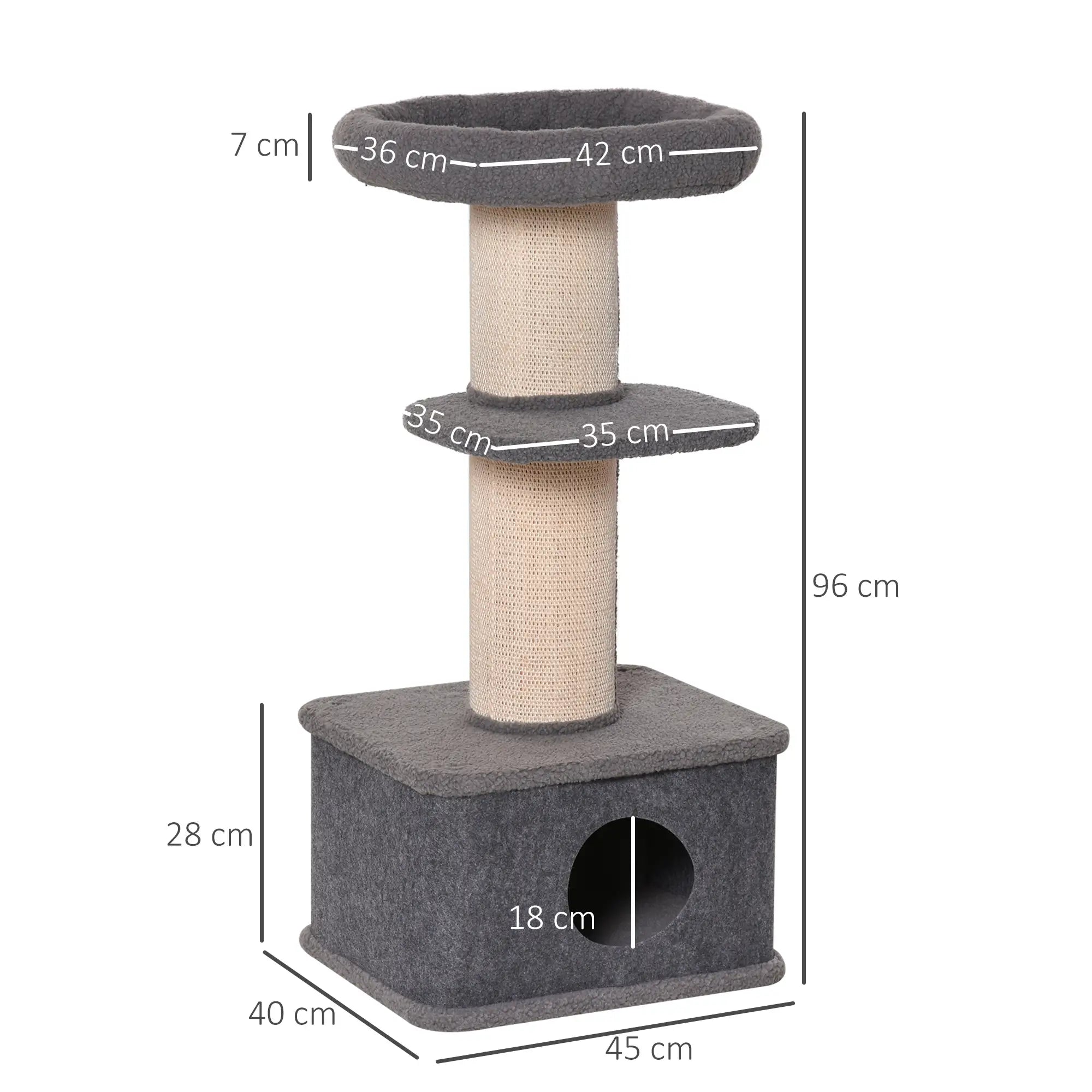 96cm Cat Tree for Indoor Cats Kitten Tower Multi level Activity Center Pet Furniture with Sisal Scratching Post Condo Removable Cover Grey