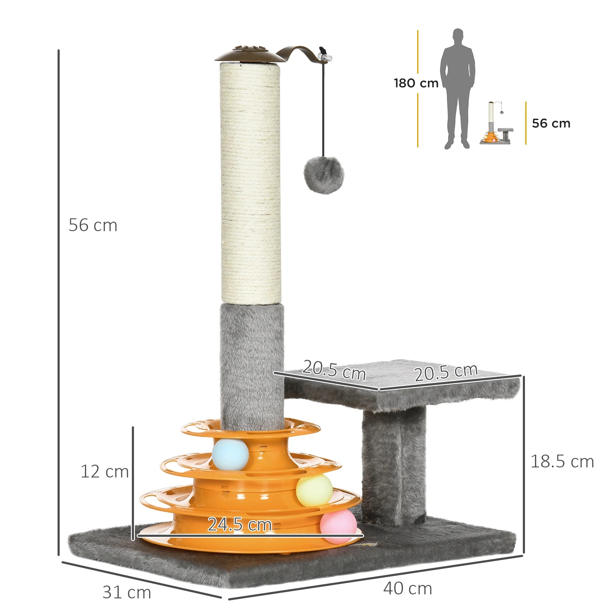 56cm Cat Tree Tower Activity Centre, Climbing Stand Kitten House Furniture w/ Scratching Posts, Toy Ball - Grey 5