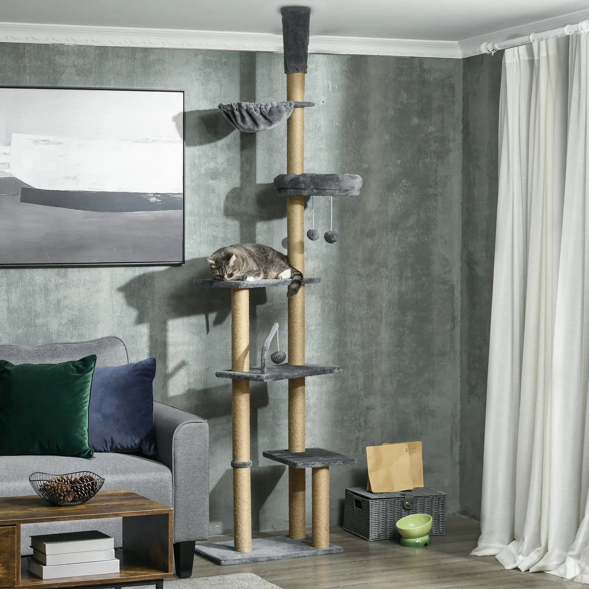 Floor to Ceiling Cat Tree for Indoor Cats, 6-Tier Play Tower Climbing Activity Center with Scratching Post, Platforms, Bed, Hammock, Adjustable Height 230-250cm, Grey