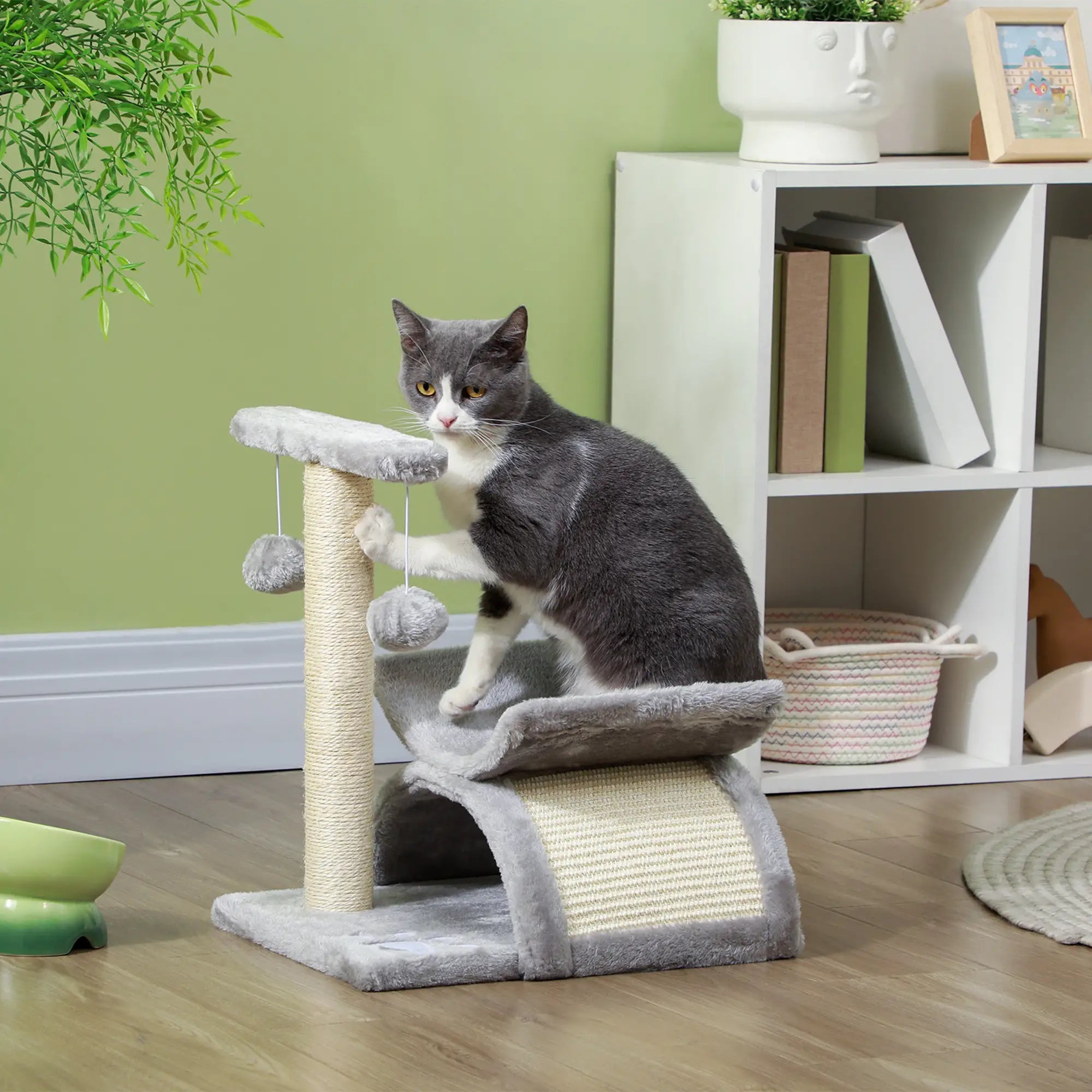 Cat Tree, Cat Tower for Kittens with Rotatable Top Bar, Sisal Scratching Post, Tunnel, Dangling Balls - Grey