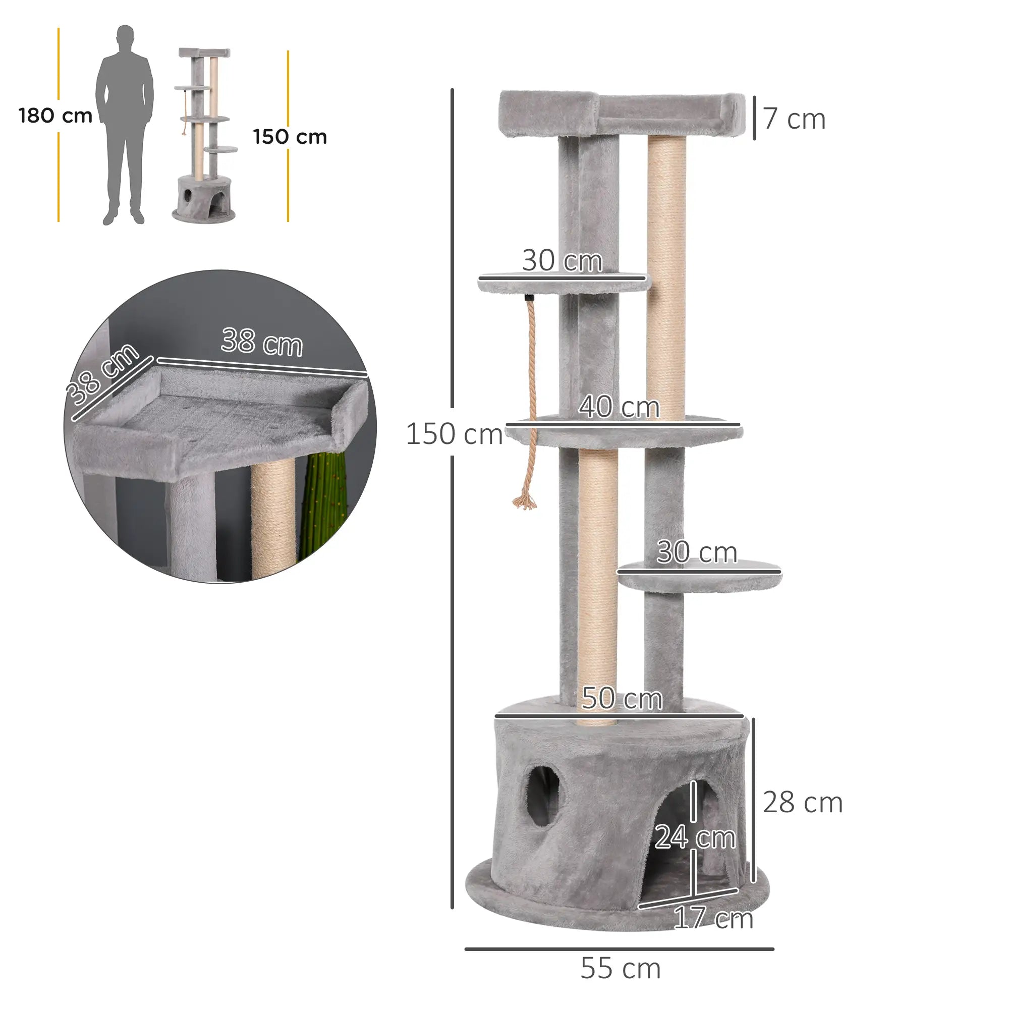 Cat Tree for Indoor Cats Kitten Tower Multi-level Activity Centre Pet Furniture with Scratching Post Condo Hanging Ropes Plush Perches Grey
