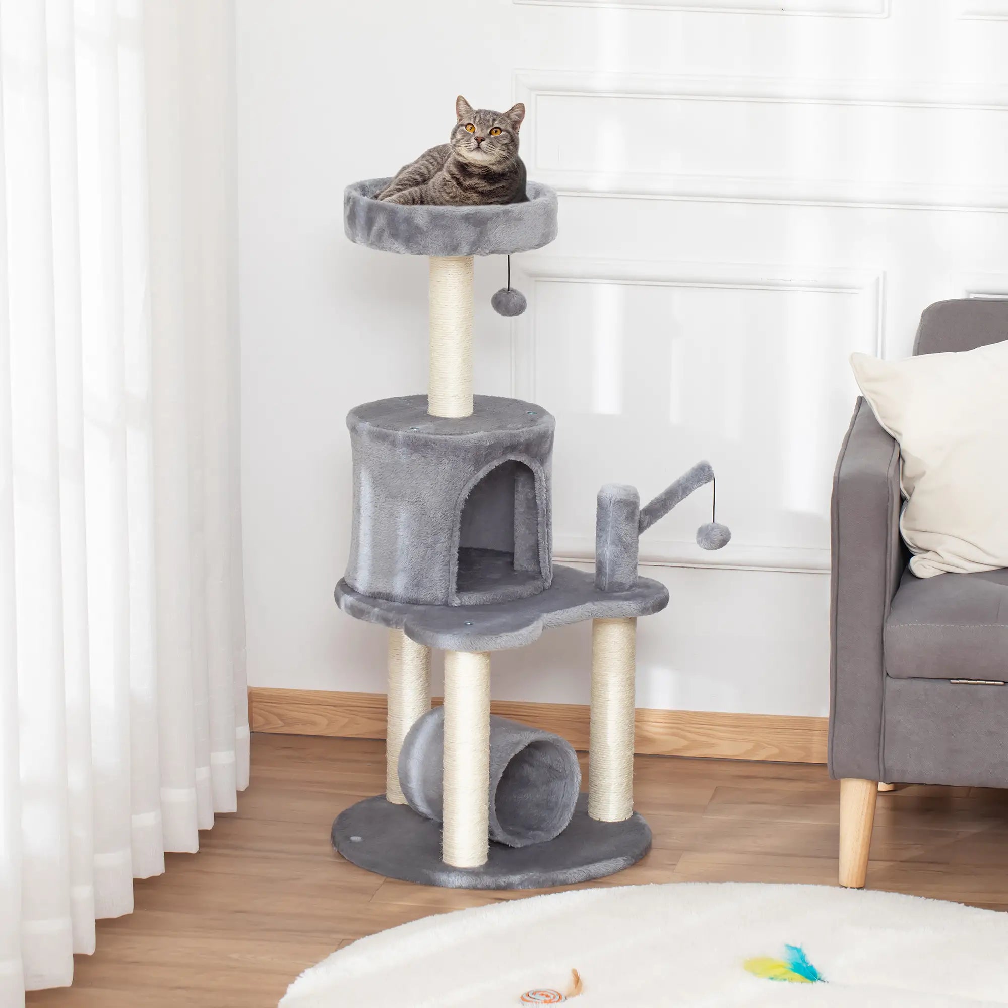 Cat Tree Tower for Indoor Cats Climbing Activity Center Kitten Furniture with Jute Scratching Post Bed Tunnel Perch Hanging Balls Grey